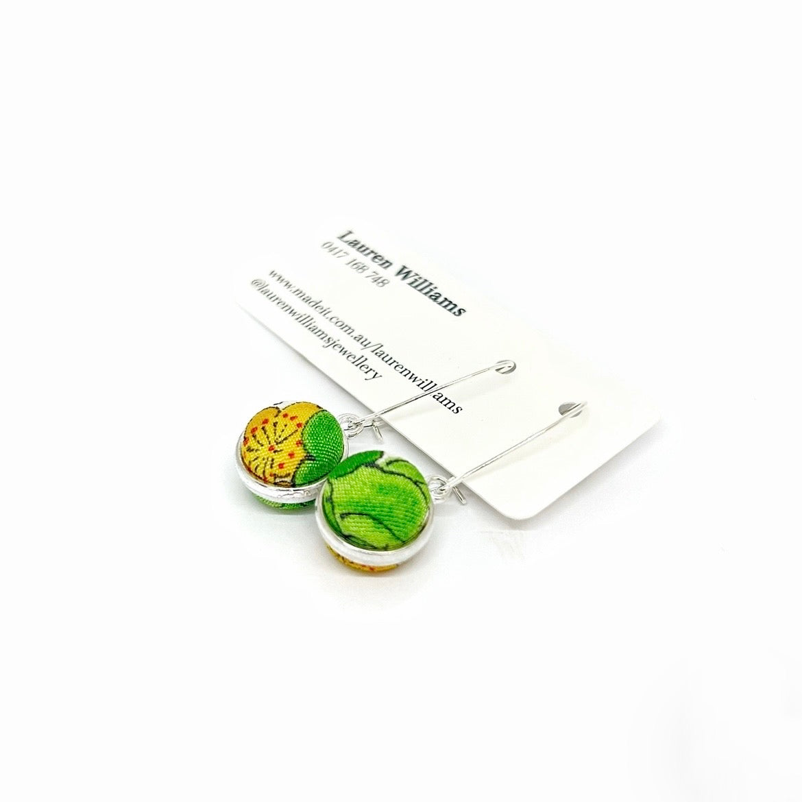Double Sided Fabric Button Earrings - Green and Yellow