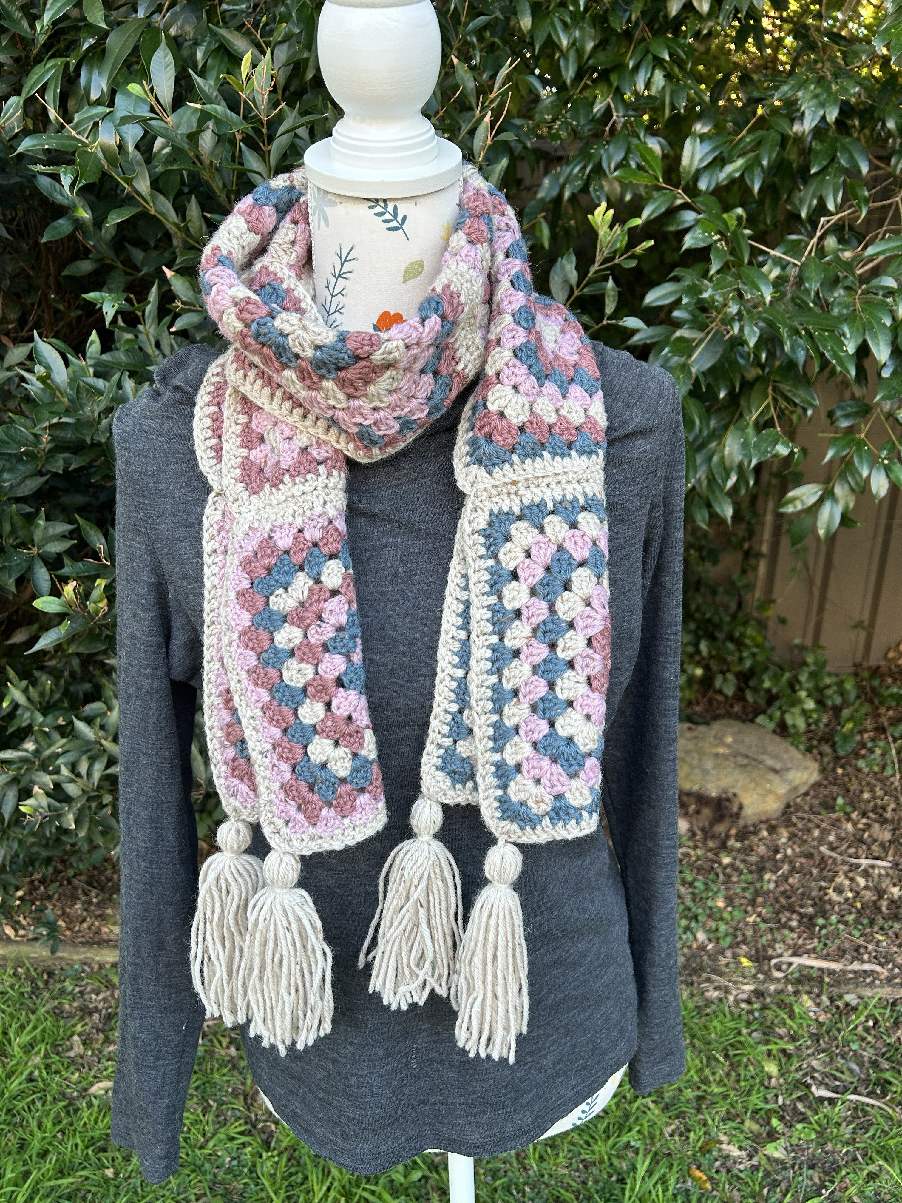 Granny Square Crochet Scarf with Tassels