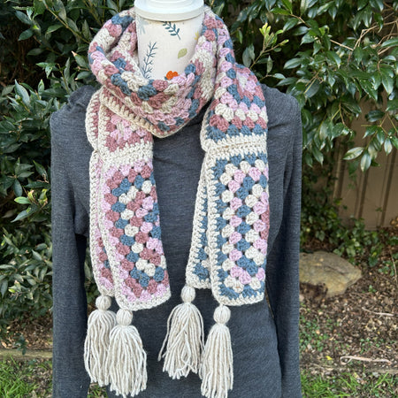 Granny Square Crochet Scarf with Tassels