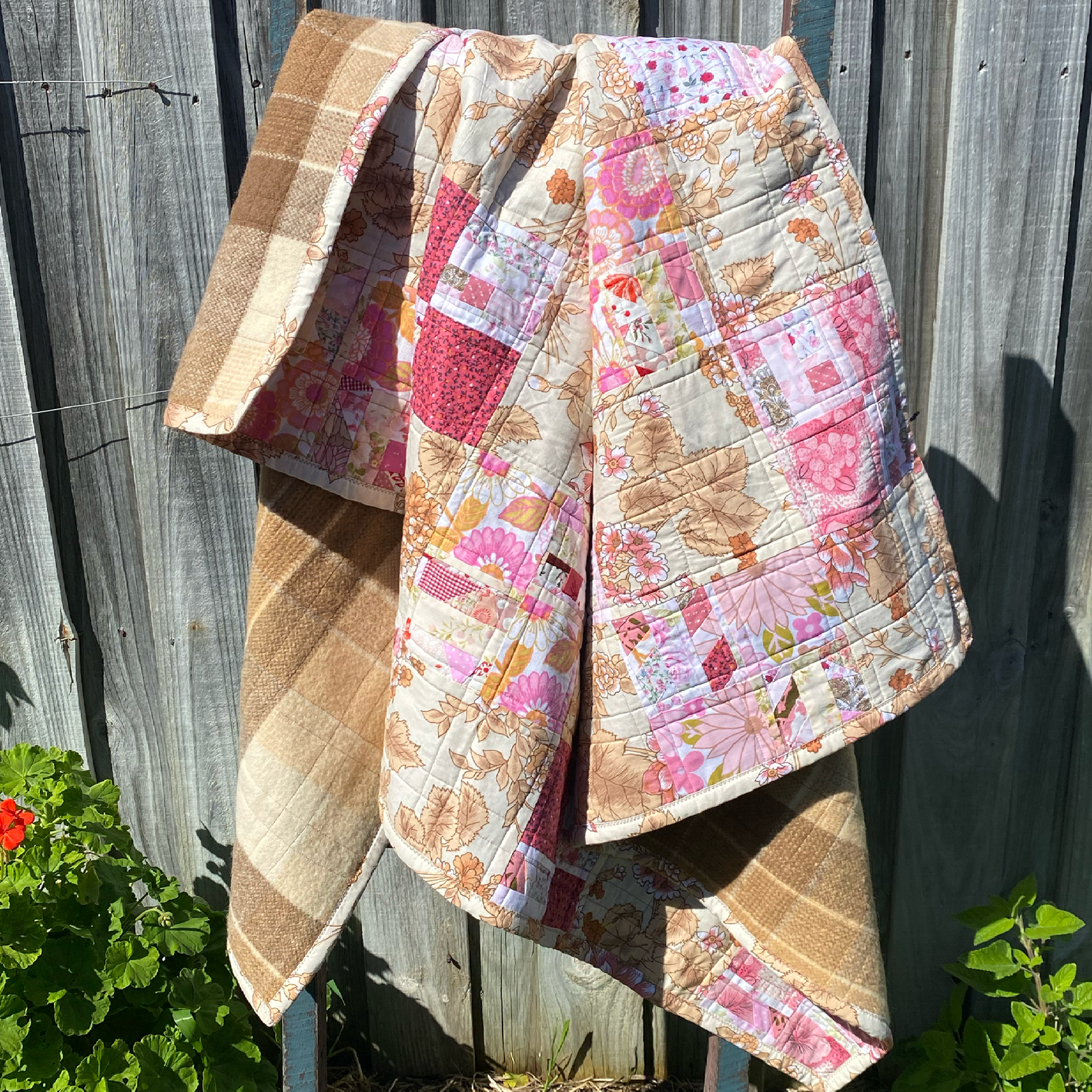 Blush and Bark Handmade Quilt Upcycled Vintage Fabrics & Wool Blanket