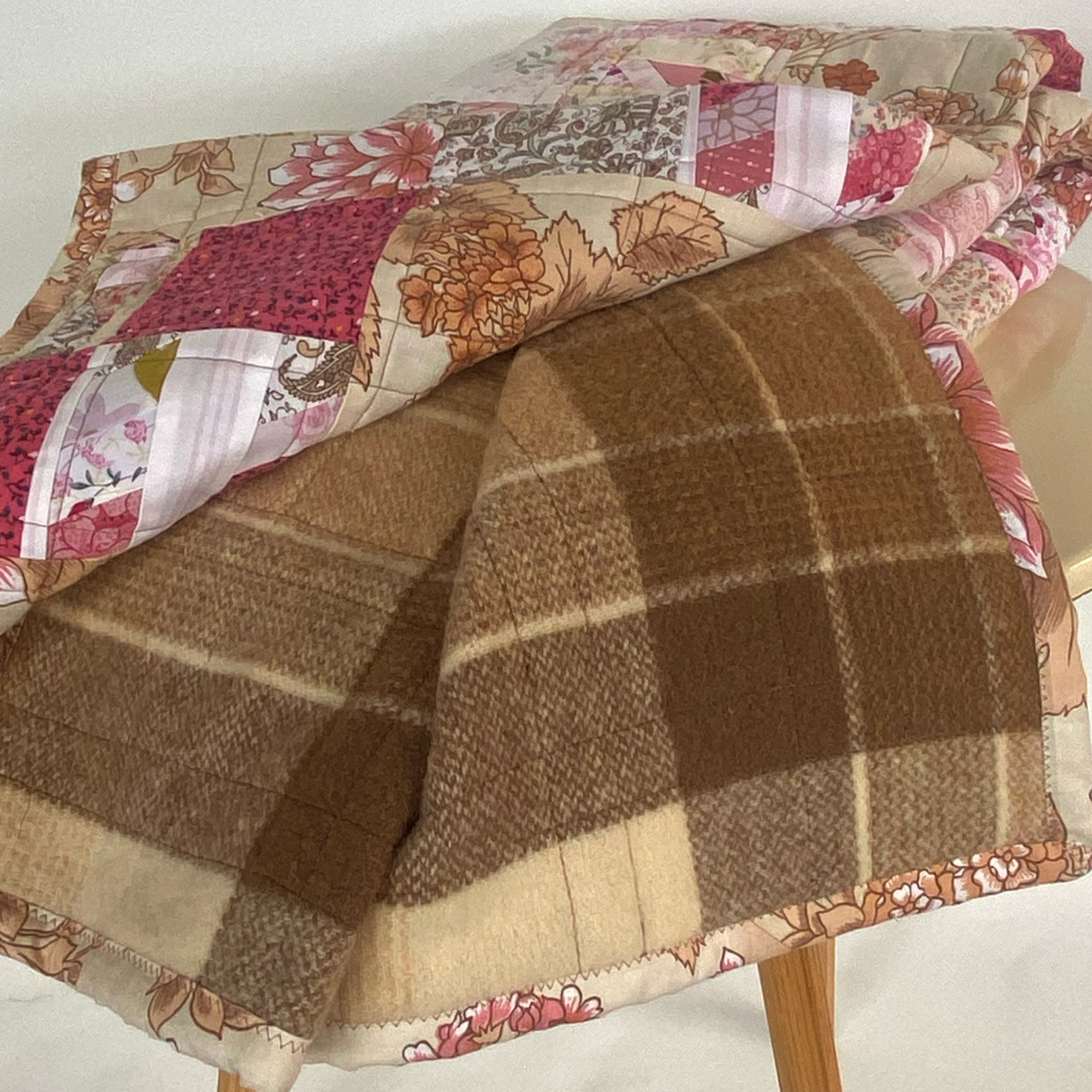 Blush and Bark Handmade Quilt Upcycled Vintage Fabrics & Wool Blanket
