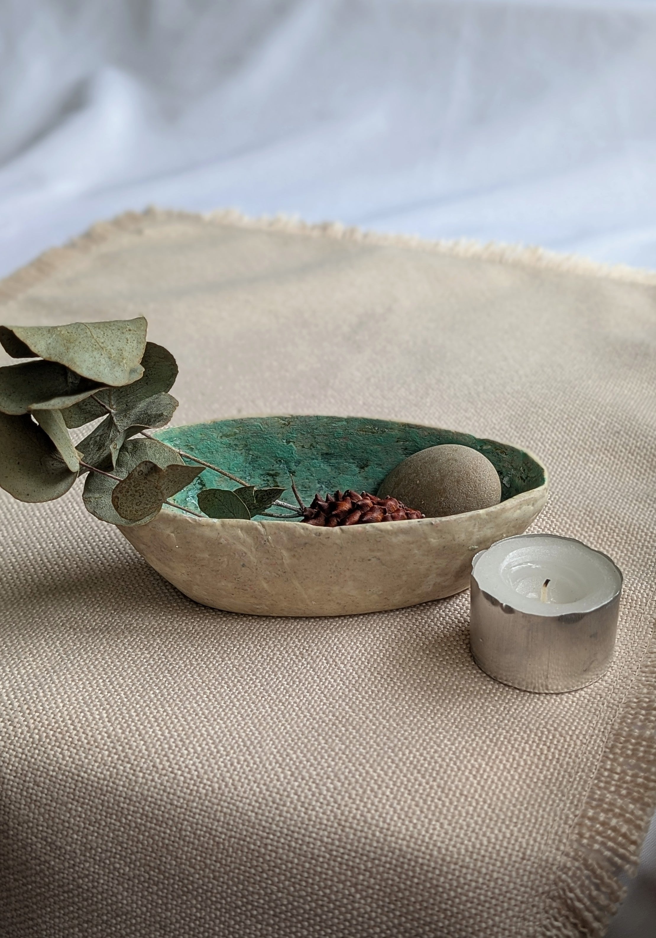 Handcrafted Paper Clay & Air-Dry Clay Bowl – Coastal Turquoise Interior