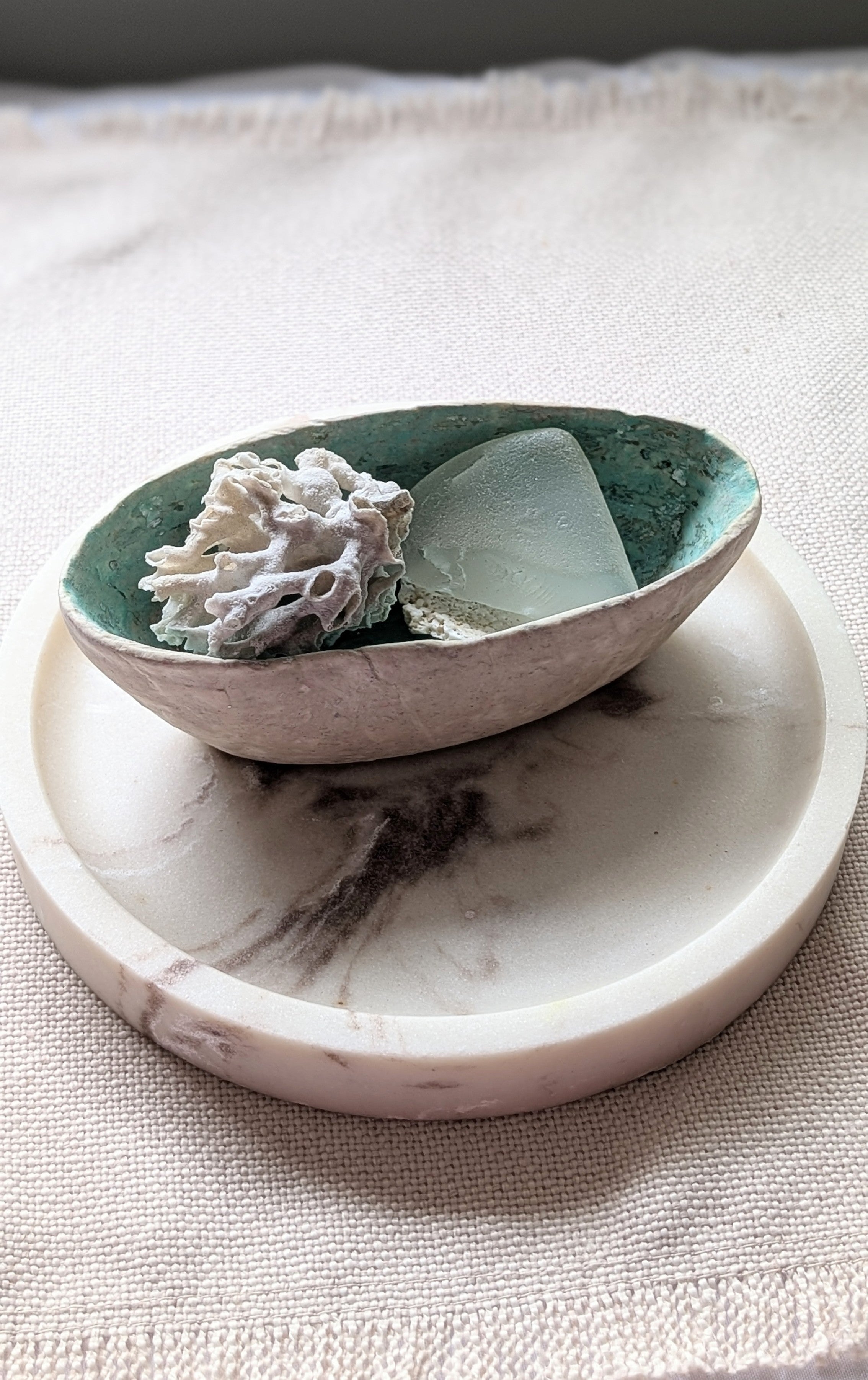 Handcrafted Paper Clay & Air-Dry Clay Bowl – Coastal Turquoise Interior