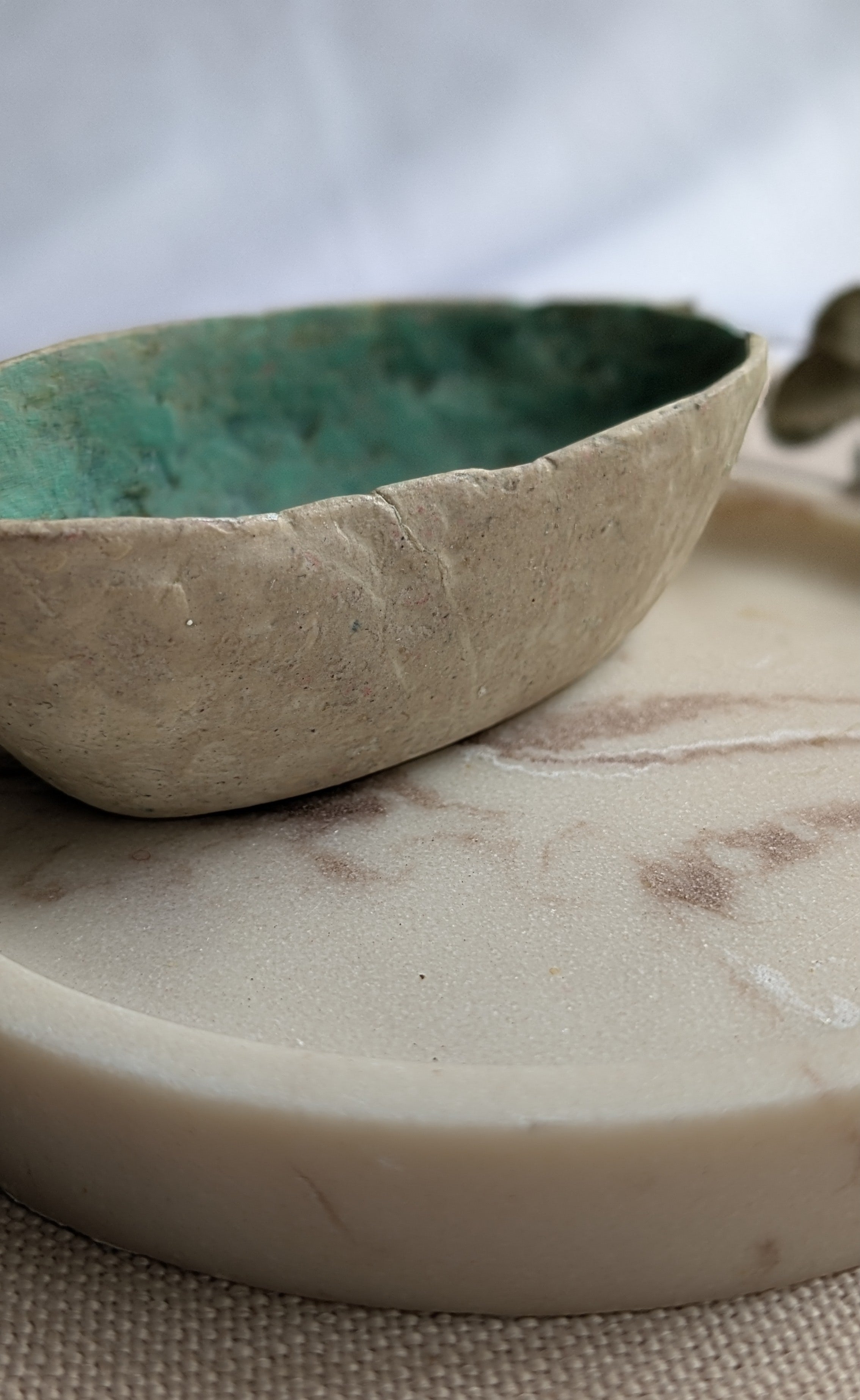 Handcrafted Paper Clay & Air-Dry Clay Bowl – Coastal Turquoise Interior