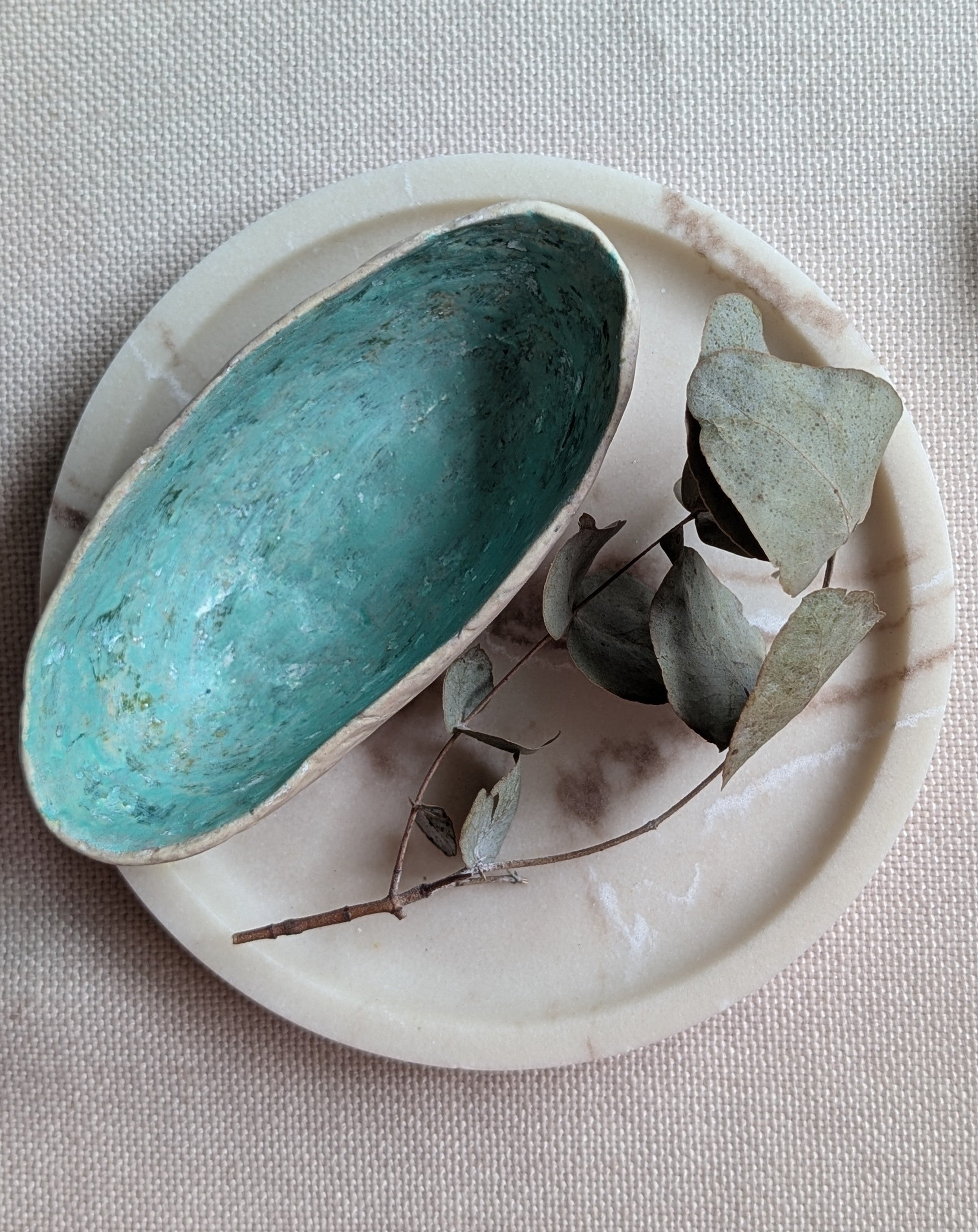 Handcrafted Paper Clay & Air-Dry Clay Bowl – Coastal Turquoise Interior