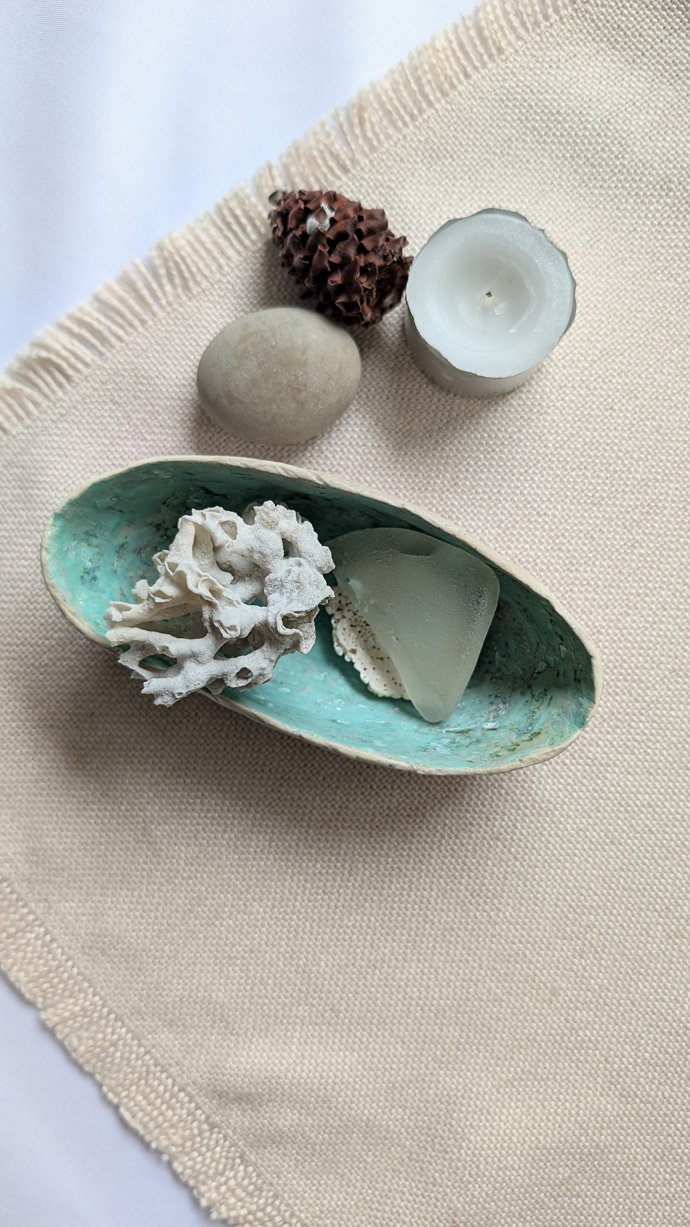 Handcrafted Paper Clay & Air-Dry Clay Bowl – Coastal Turquoise Interior