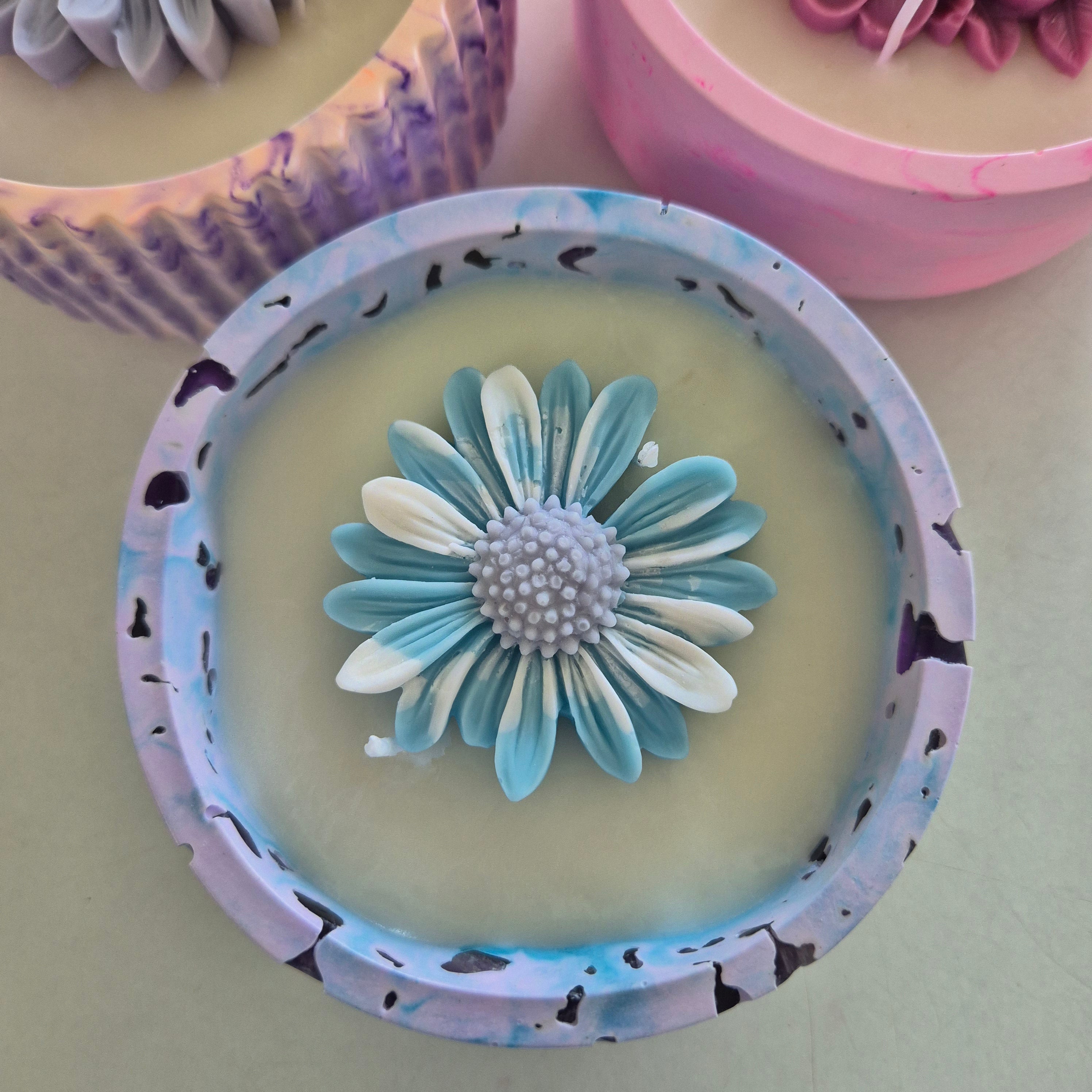 Round blue and purple concrete bowl candle with amethyst stones