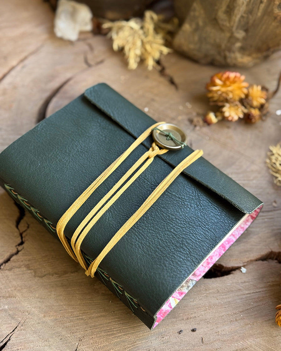Bottle Green Pine Tree-Stitched Leather A6 Journal