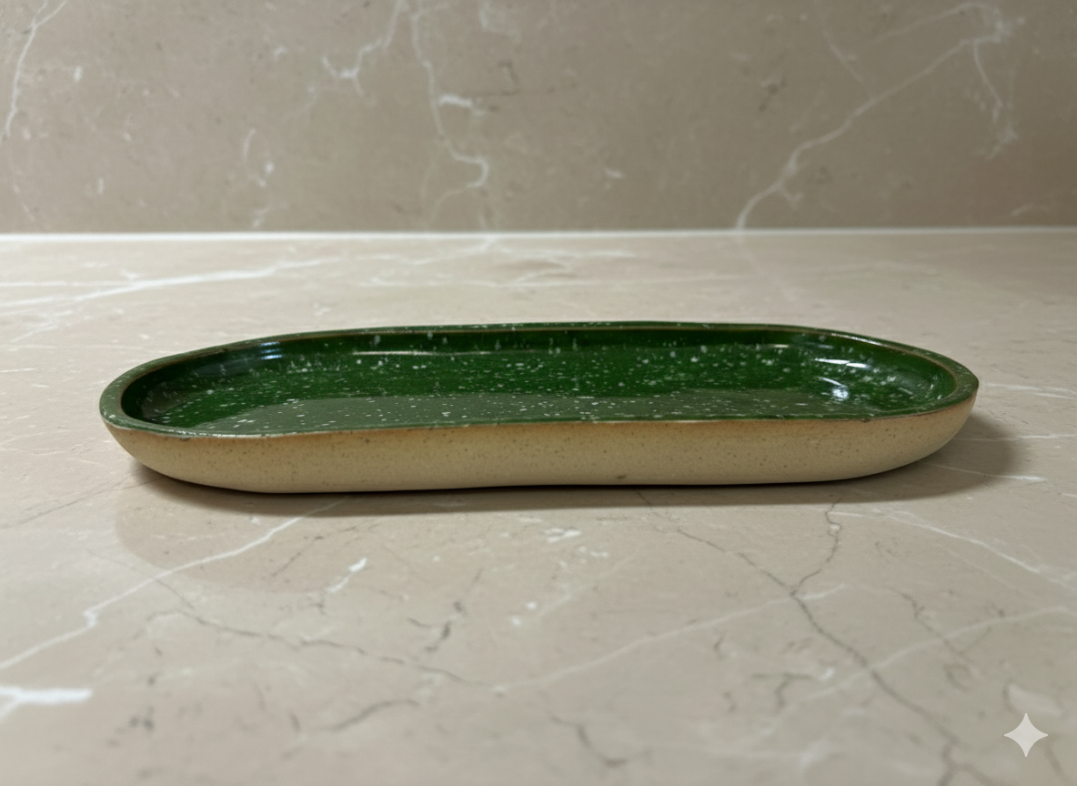 Forest Green, Speckled, Oval Pottery Plate