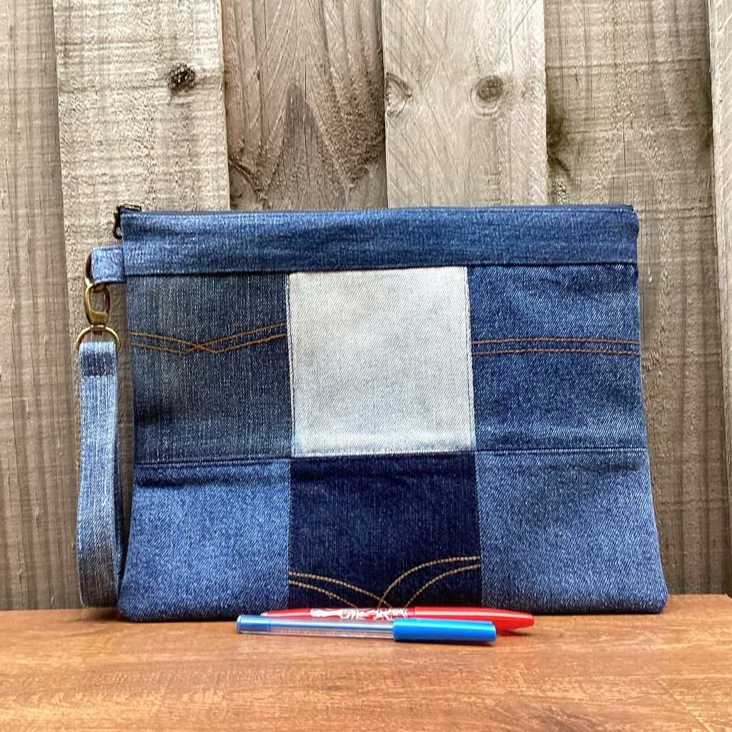 Large Upcycled Denim Pouch #2 - Patchwork Squares