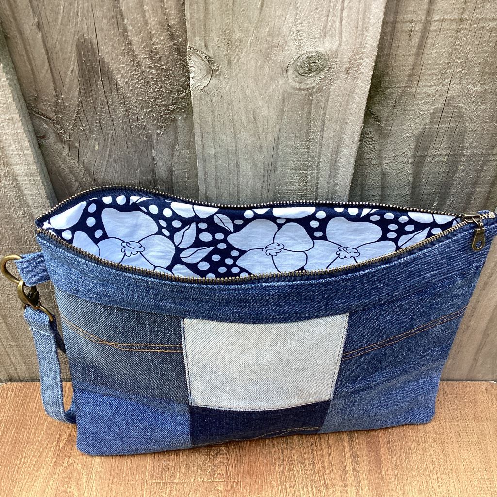 Large Upcycled Denim Pouch #2 - Patchwork Squares