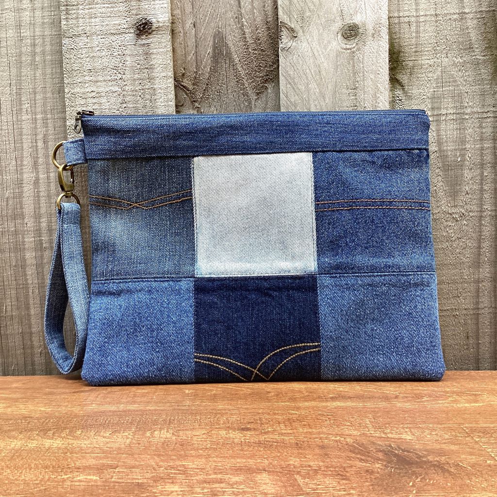 Large Upcycled Denim Pouch #2 - Patchwork Squares