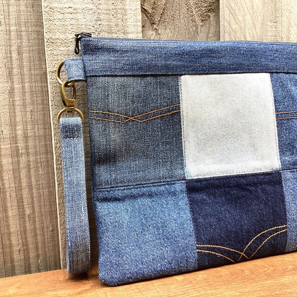 Large Upcycled Denim Pouch #2 - Patchwork Squares