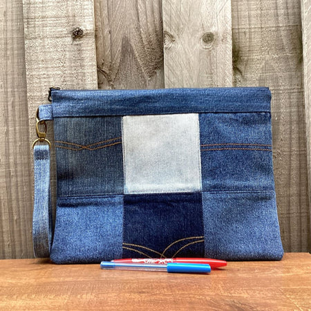 Large Upcycled Denim Pouch #2 - Patchwork Squares