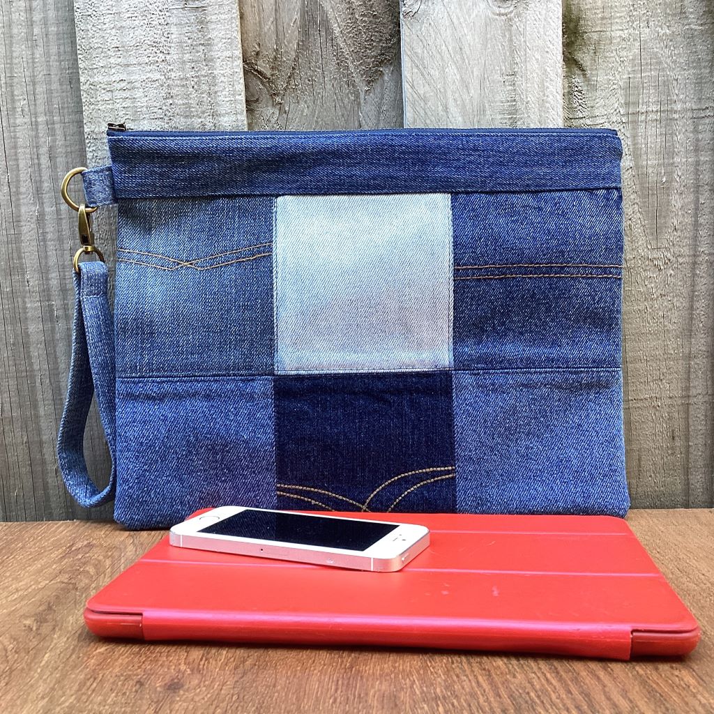 Large Upcycled Denim Pouch #2 - Patchwork Squares