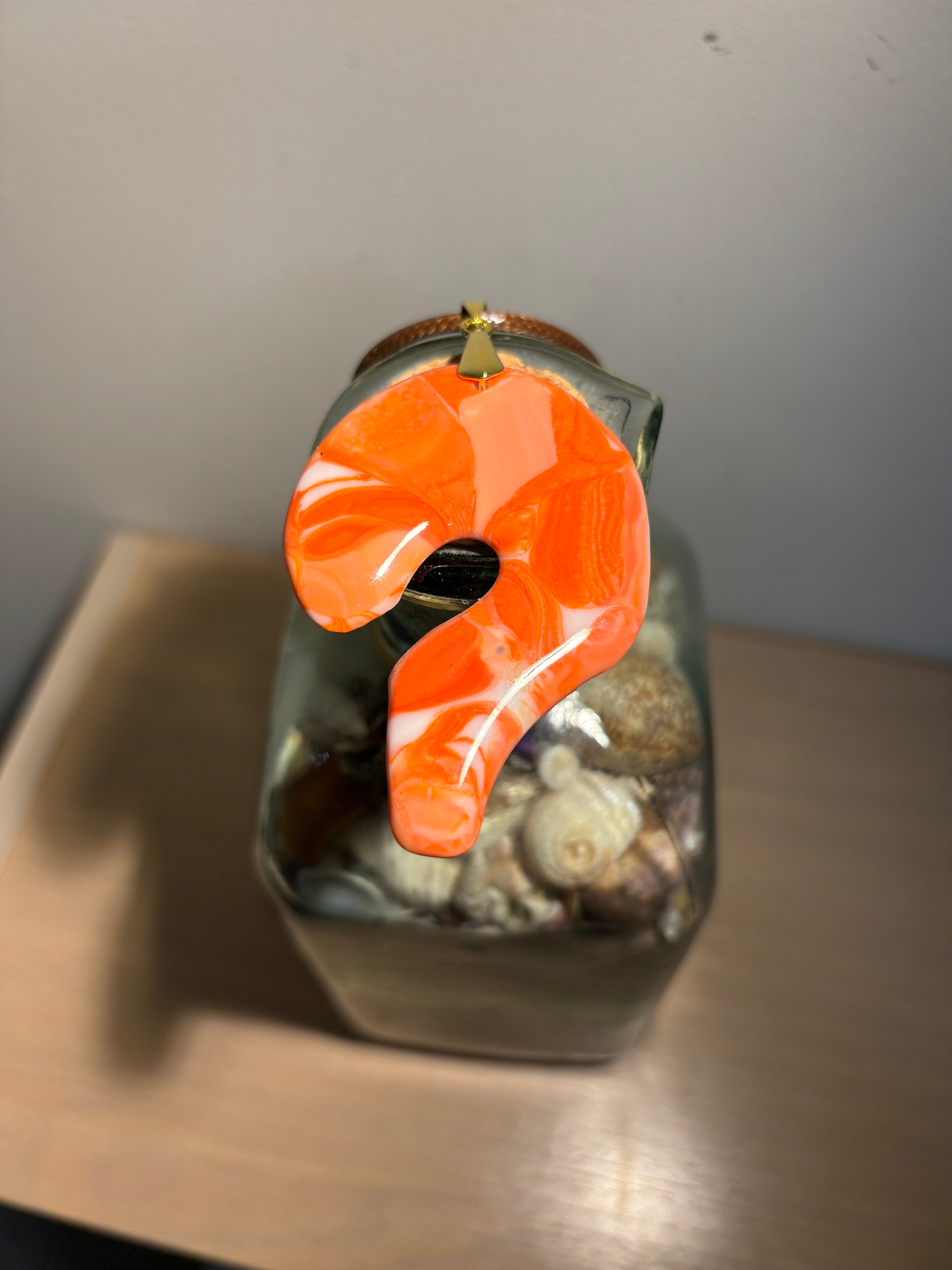 Fused Glass Pendant Necklace -  Orange and White Question Mark