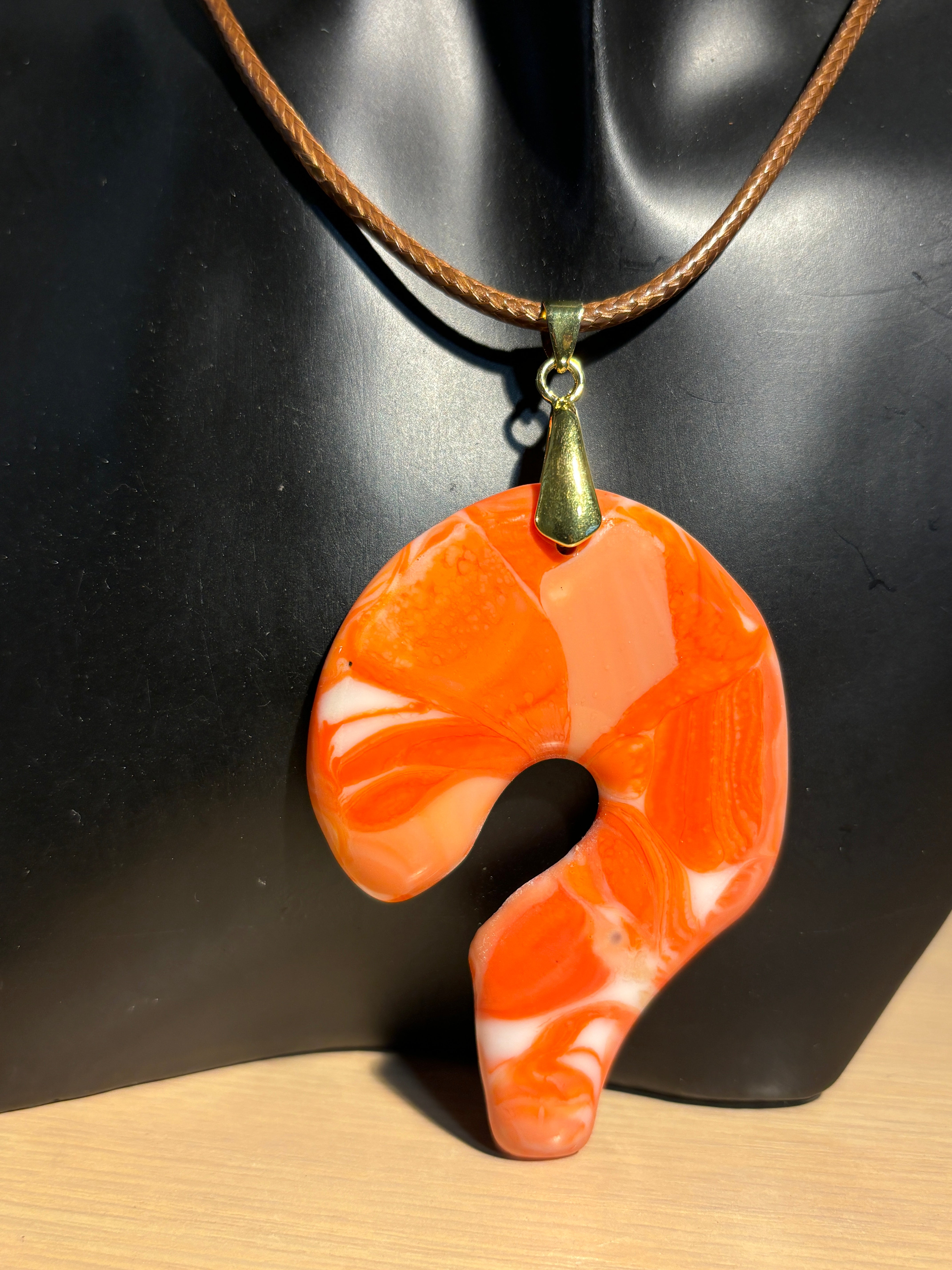 Fused Glass Pendant Necklace -  Orange and White Question Mark
