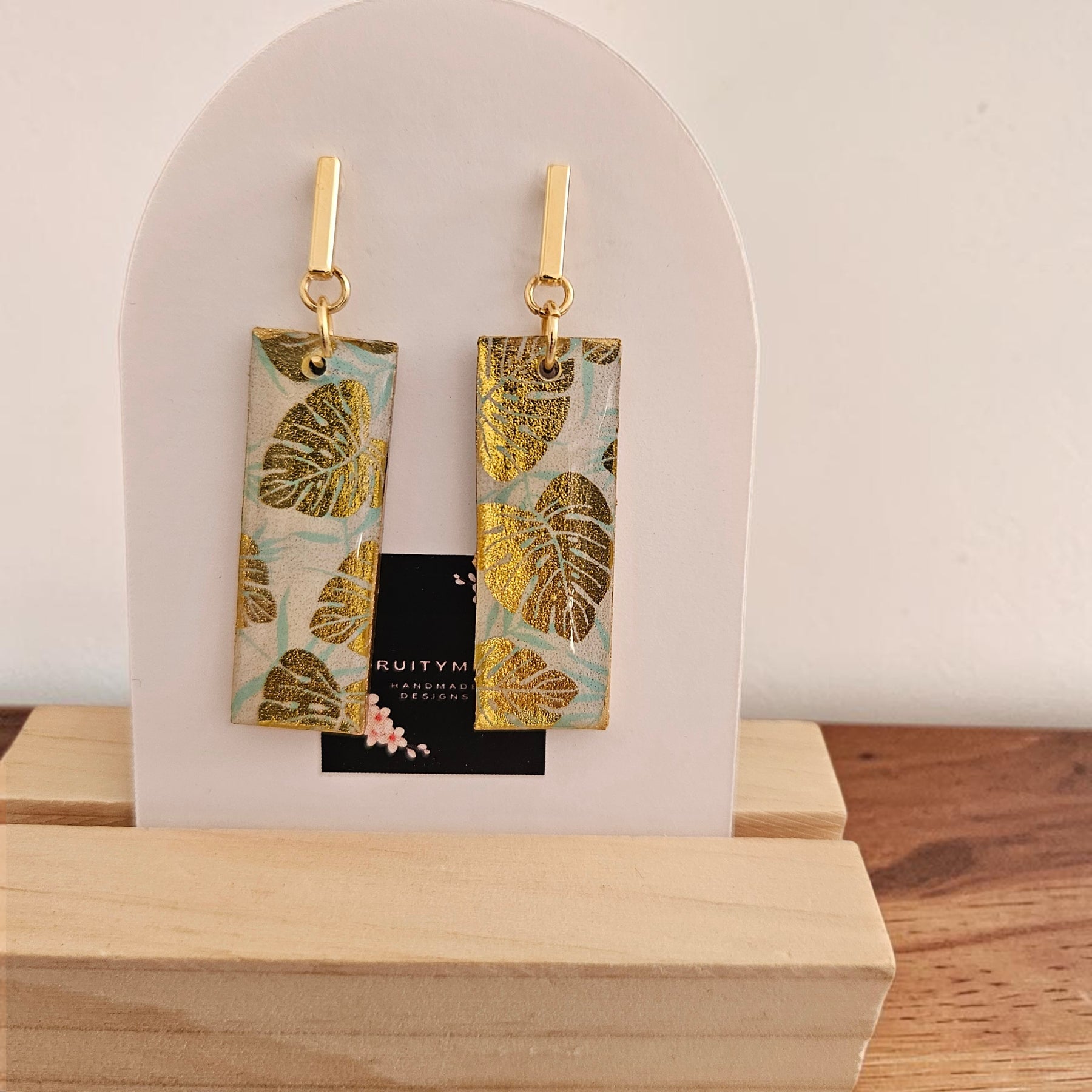 Unique Japanese Chiyogami Paper Earrings - Gold Monstera Print with Aqua White