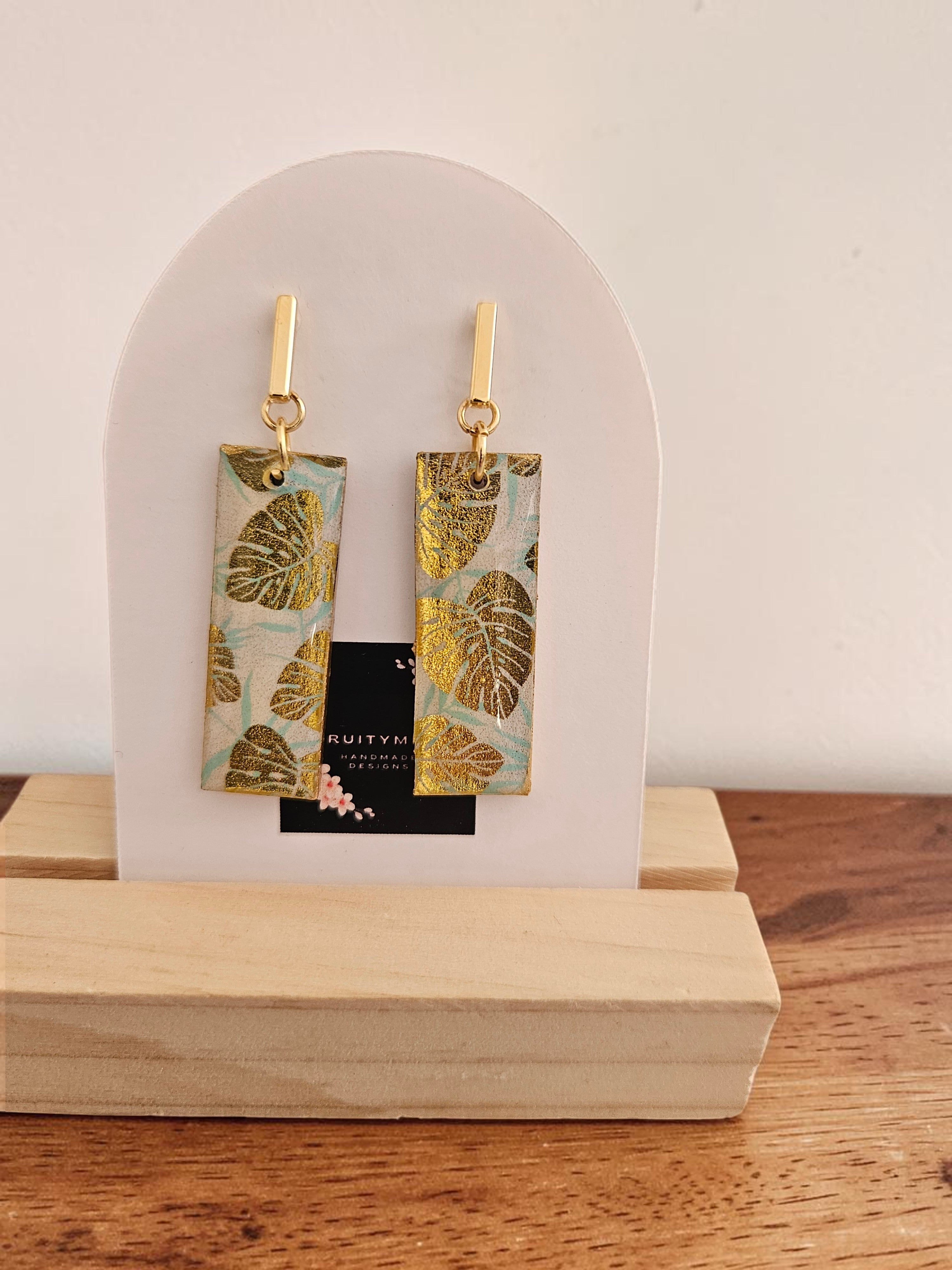 Unique Japanese Chiyogami Paper Earrings - Gold Monstera Print with Aqua White