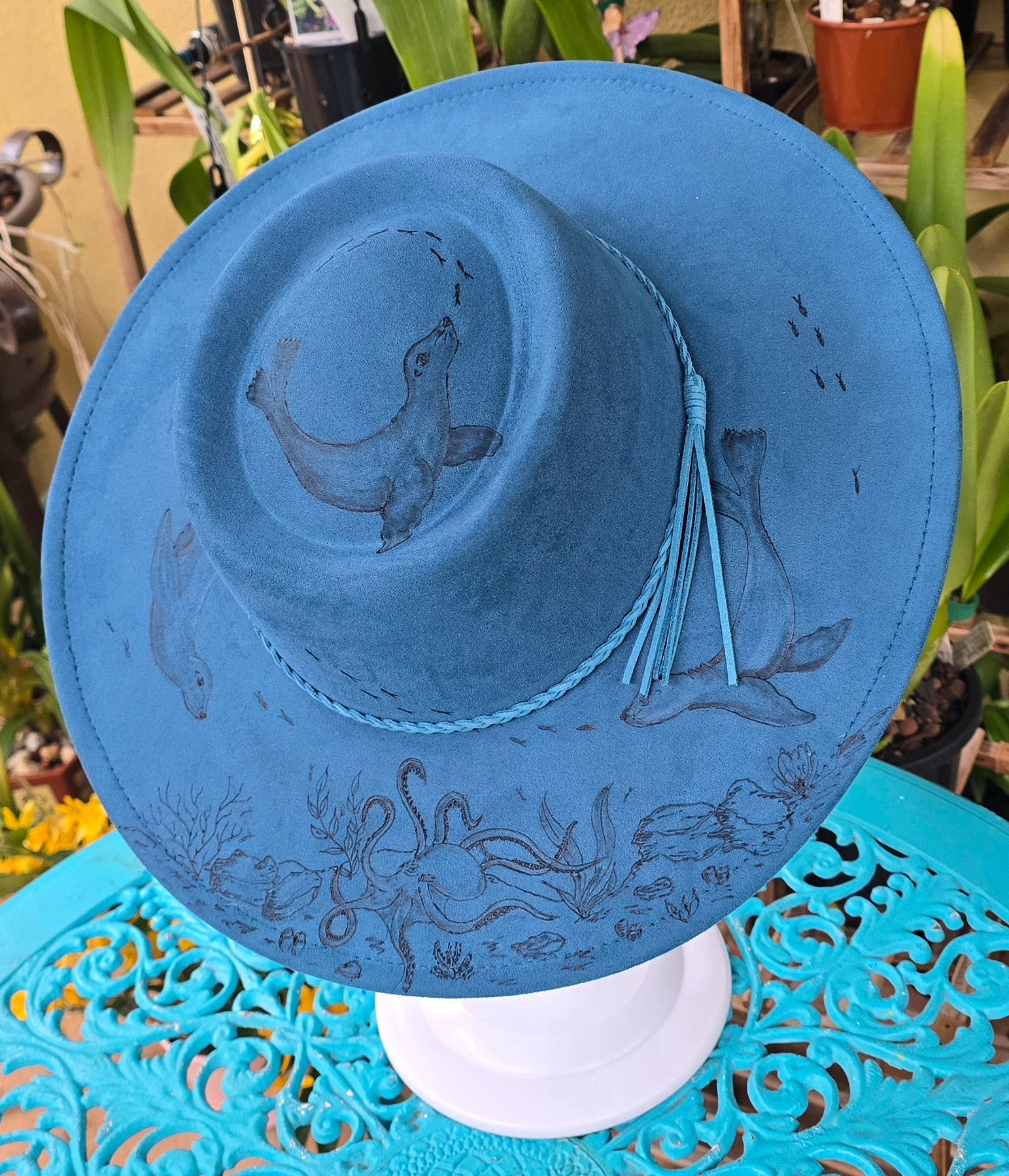 Sea Lion dance - hand burnt round top fedora
