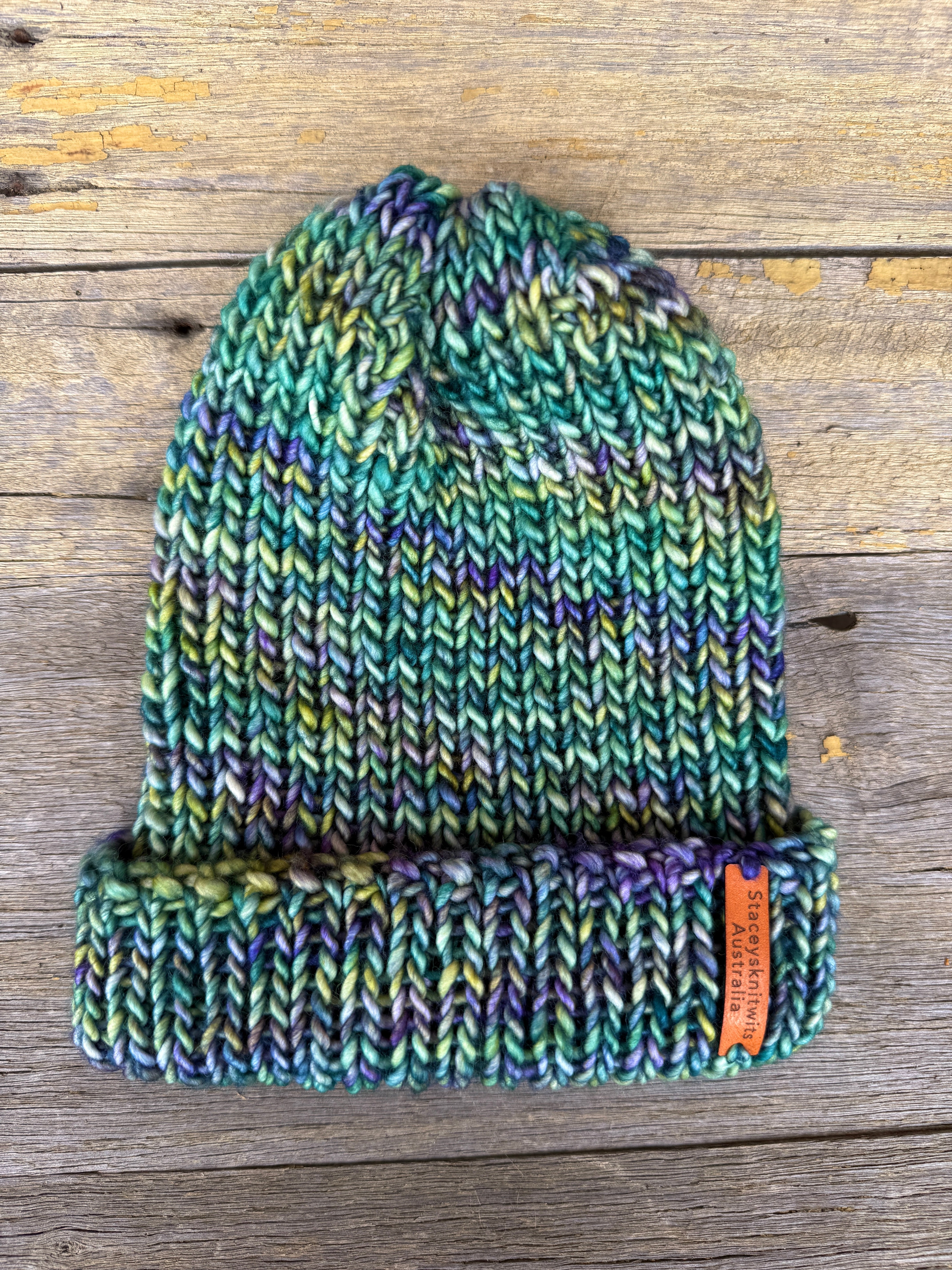 Unisex merino beanie, Blue Green flecked hand knitted beanie