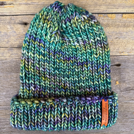 Unisex merino beanie, Blue Green flecked hand knitted beanie