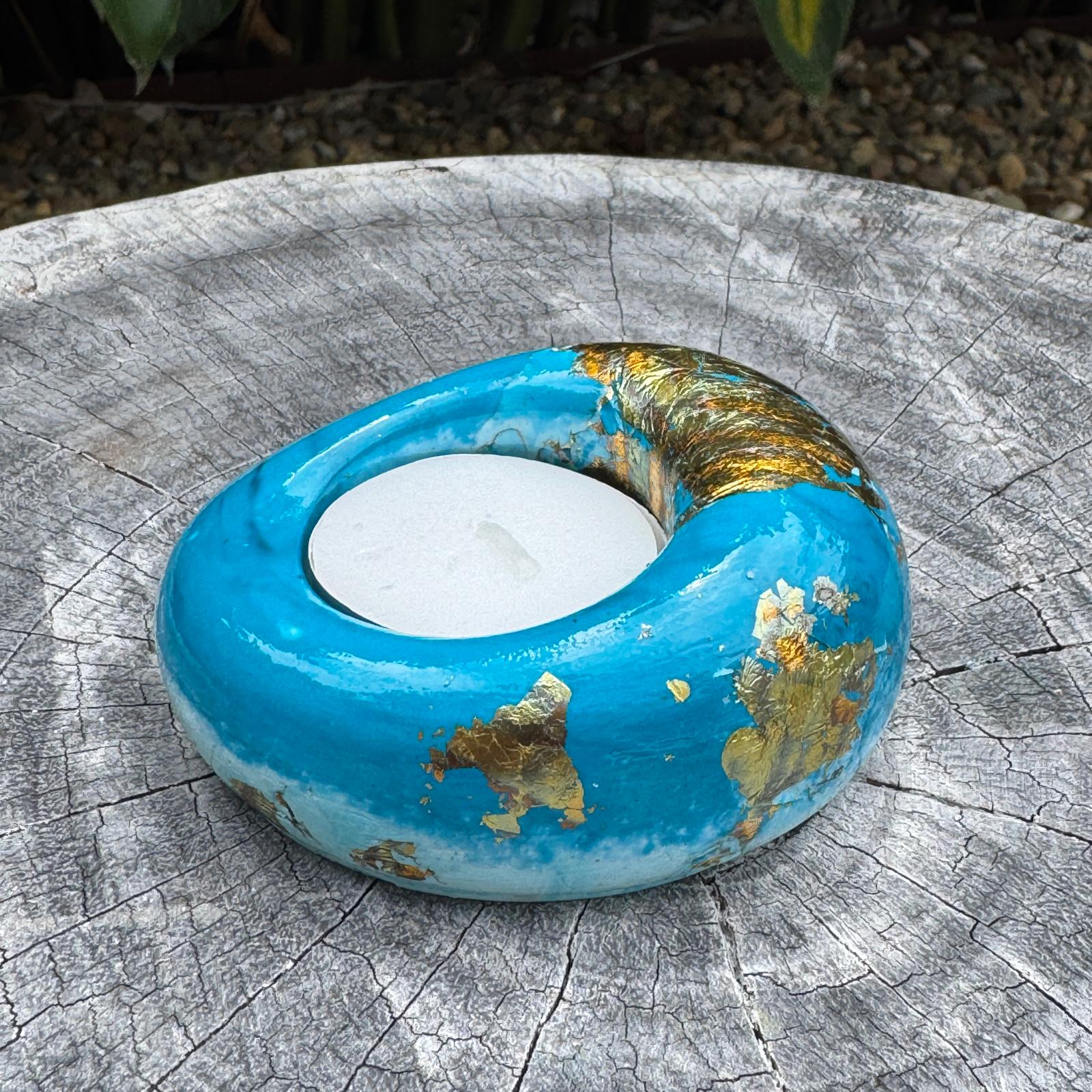 Teal and gold eco-stone pebble shaped tealight candle holder