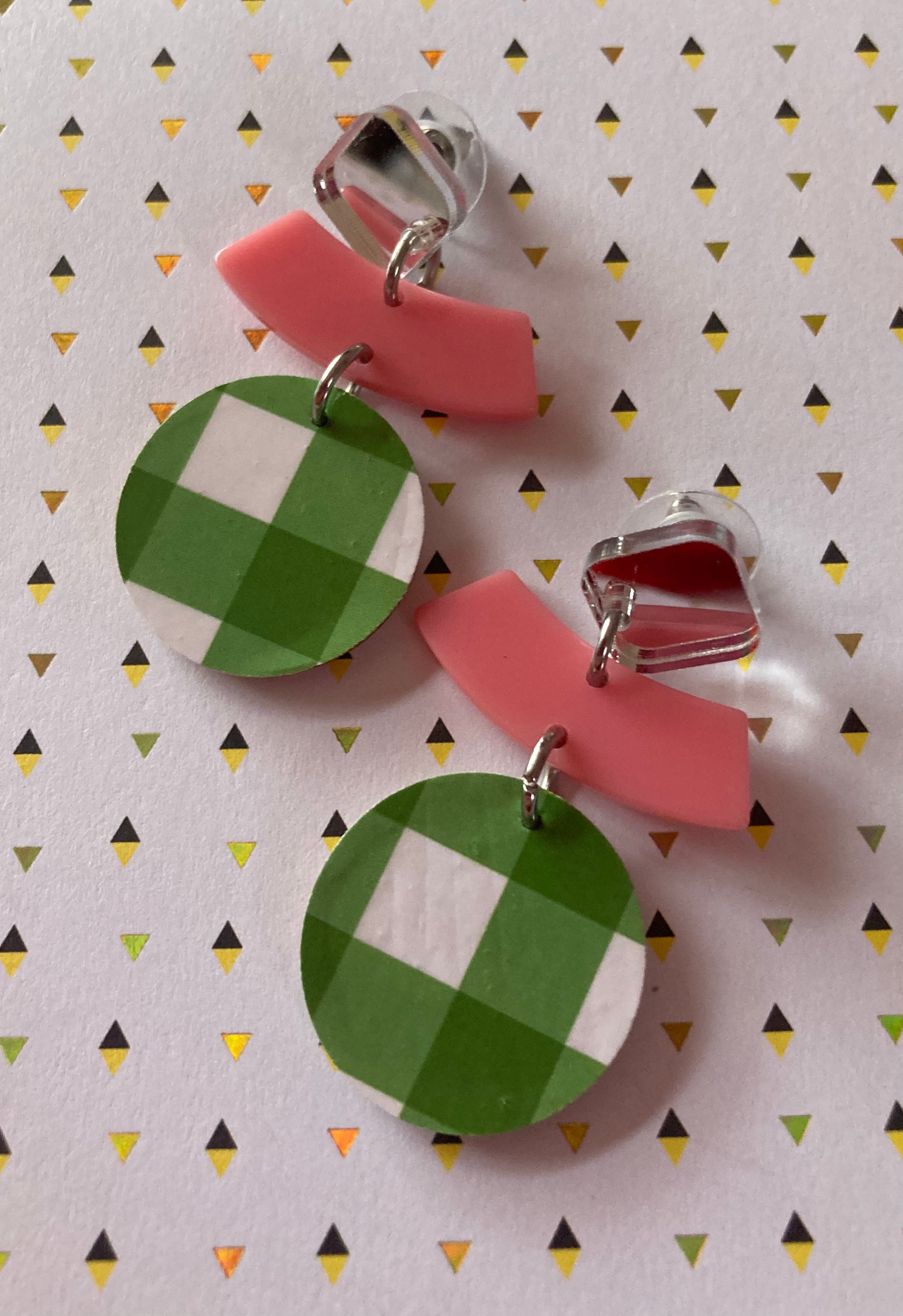 Triple layer gingham green & pink earrings