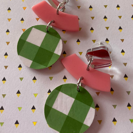 Triple layer gingham green & pink earrings