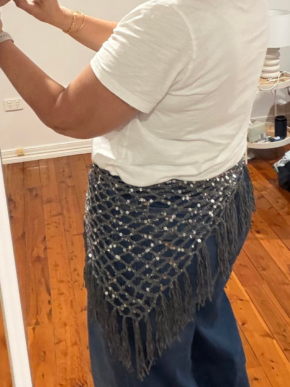 Dark Grey with Silver Sequins Fringed Waist Scarf