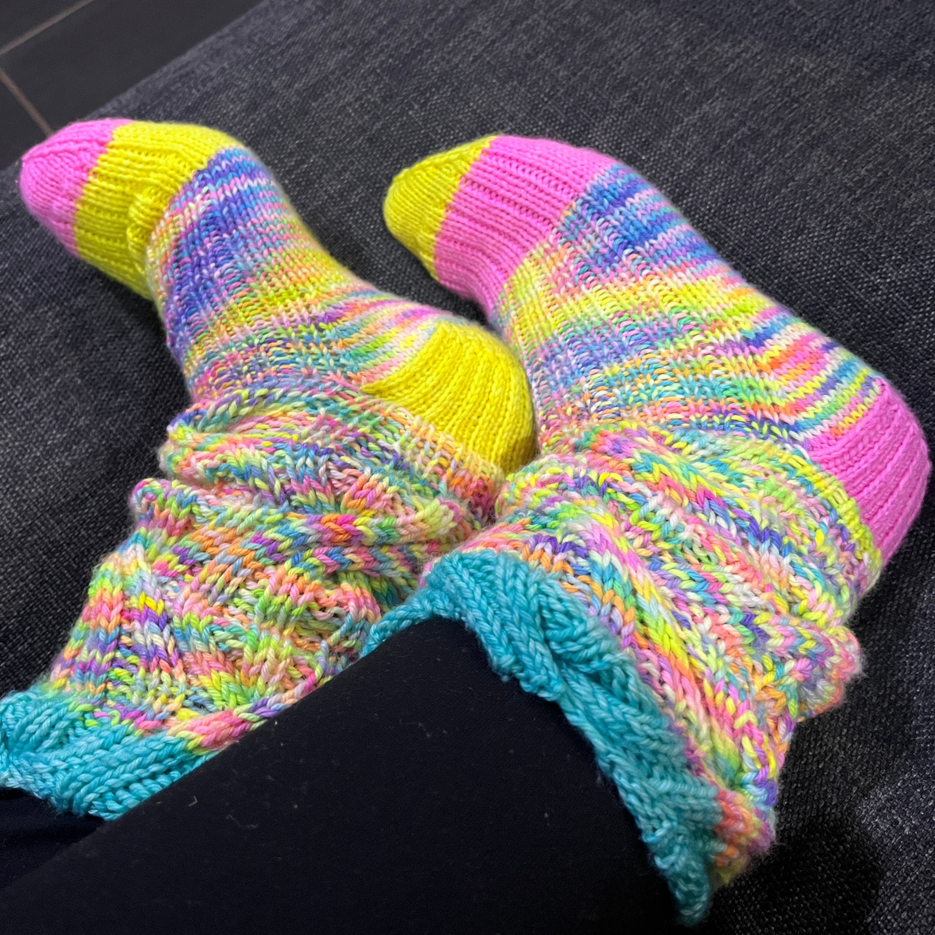 Hand knit pastel neon stripe cable slouch socks