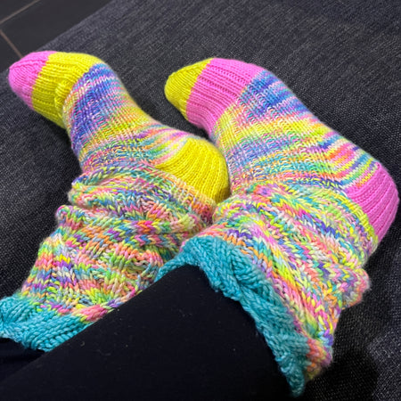 Hand knit pastel neon stripe cable slouch socks