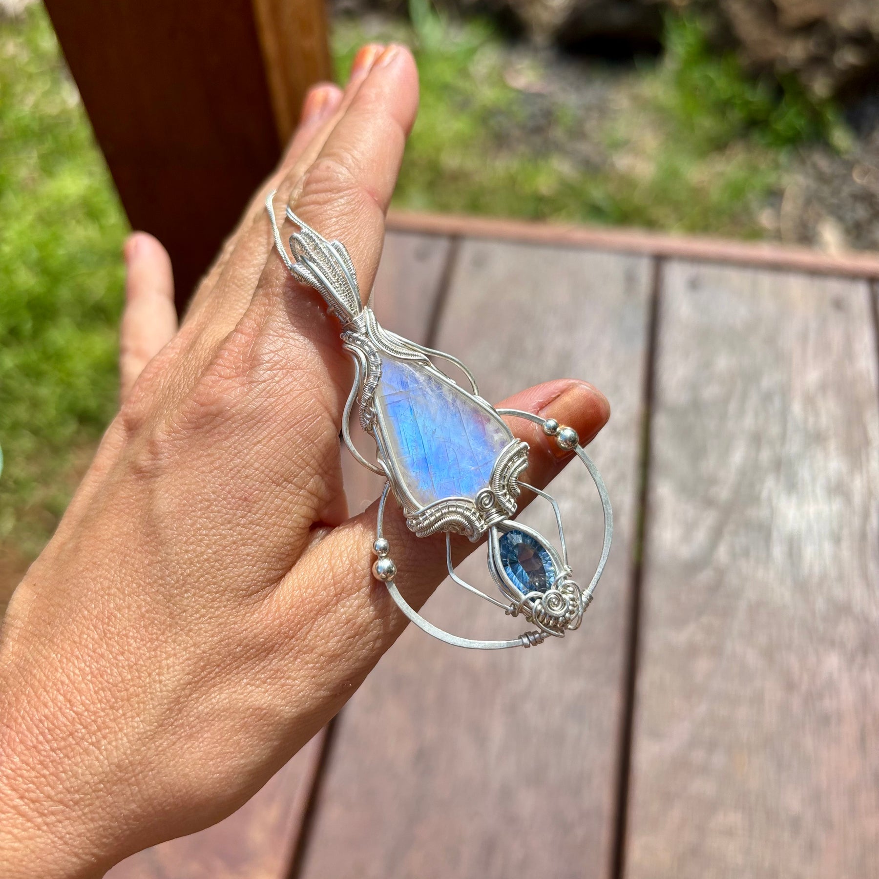 Moonstone, mystic Quartz fantasy geometry pendant