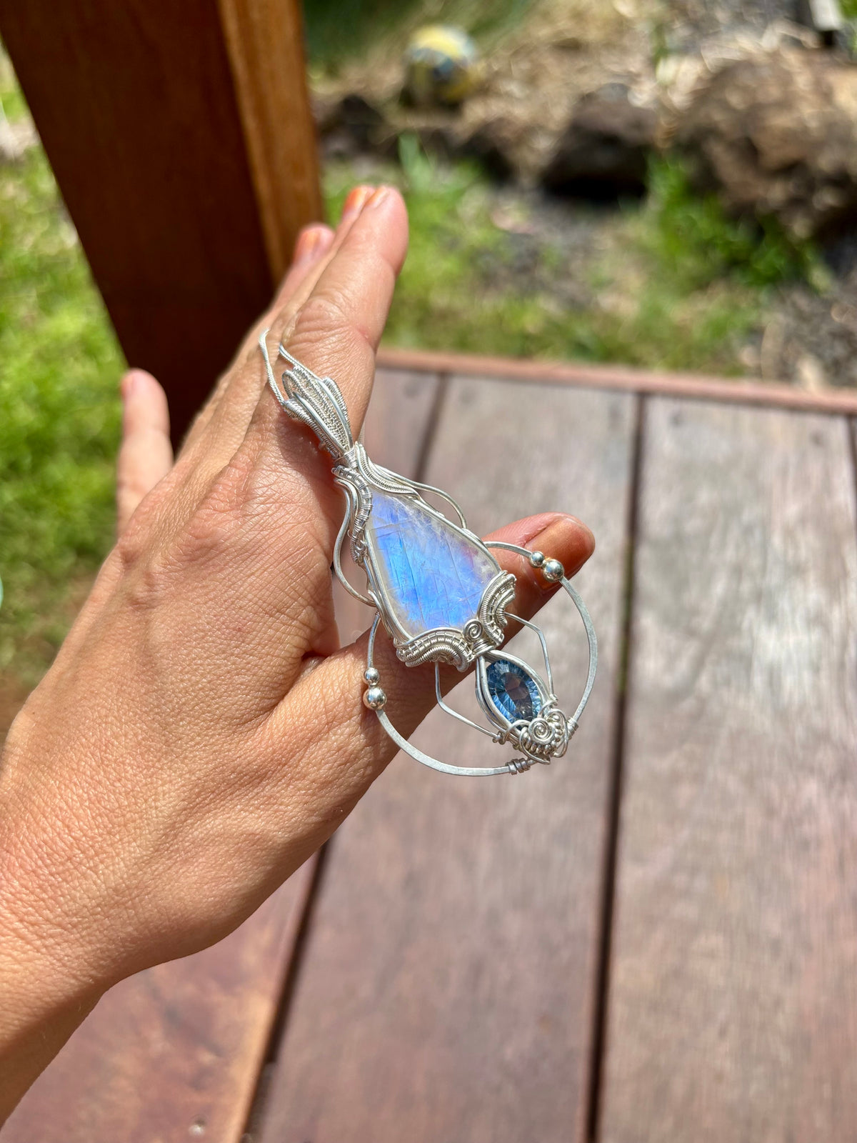 Moonstone, mystic Quartz fantasy geometry pendant