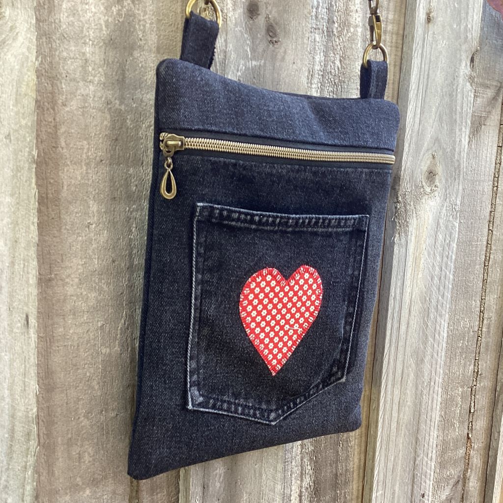 Black Upcycled Denim Cross Body Bag – Red Heart