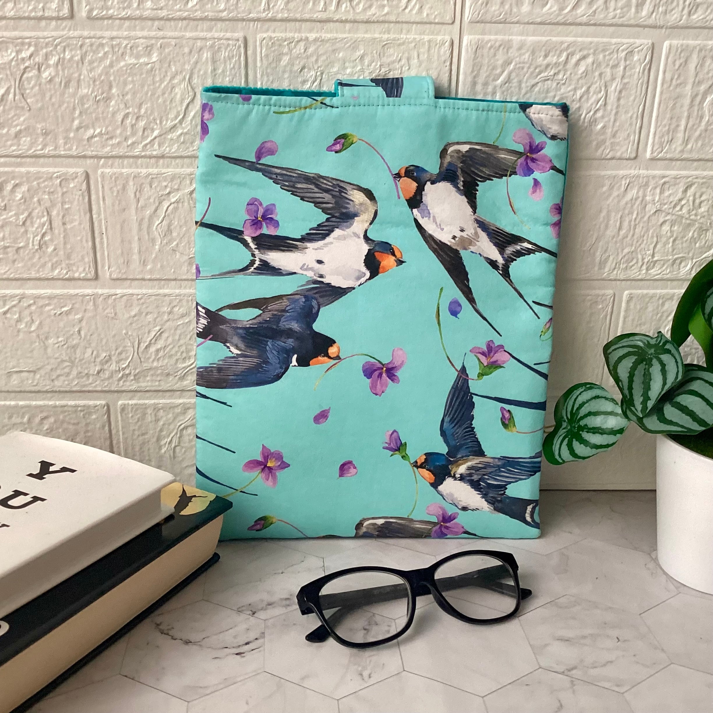 Swallows birds fabric book sleeve with 2 pockets. iPad, tablet pouch