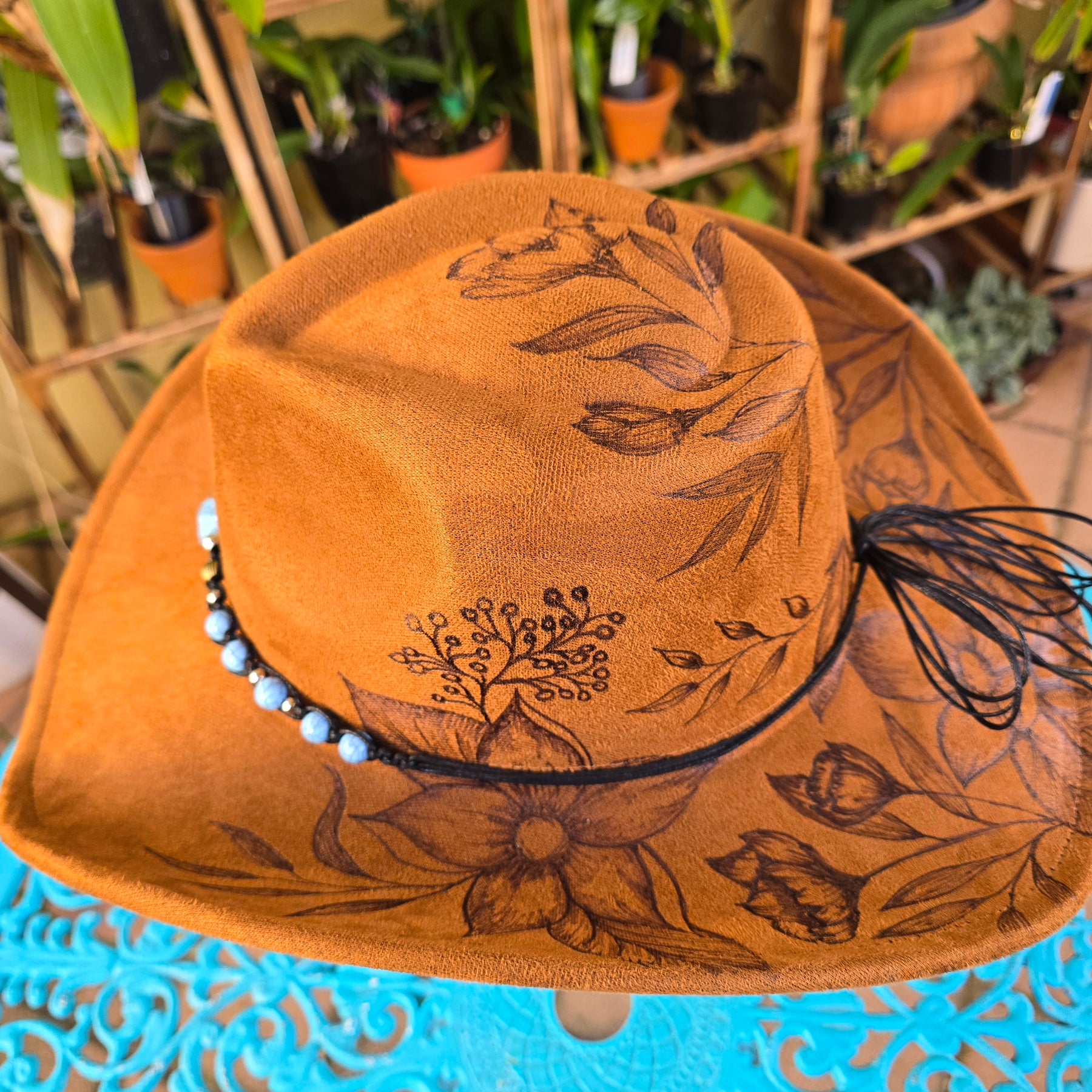 Hand burnt pyrography cowboy hat: The Wild Botanical