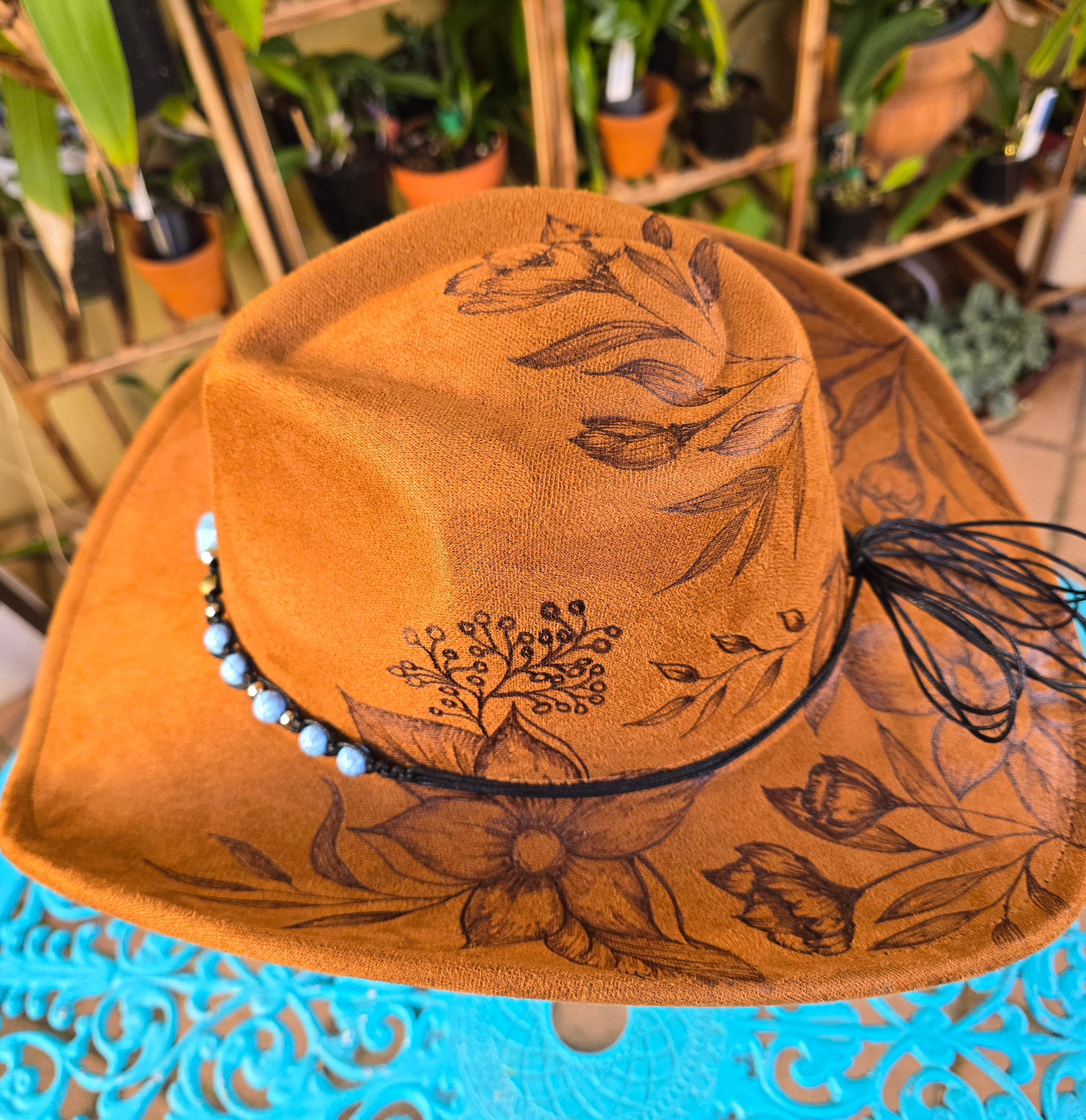 Hand burnt pyrography cowboy hat: The Wild Botanical