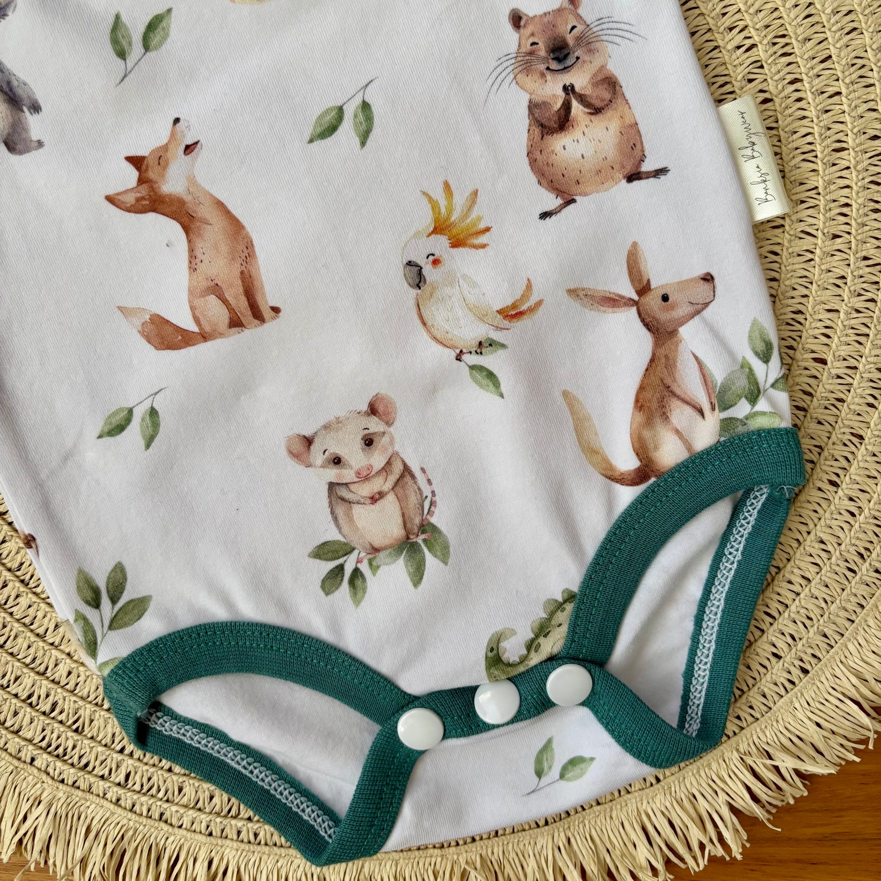 Baby Short Sleeved Bodysuit | Dark Green Aussie Animals | Size premmie to 2 | Made to order