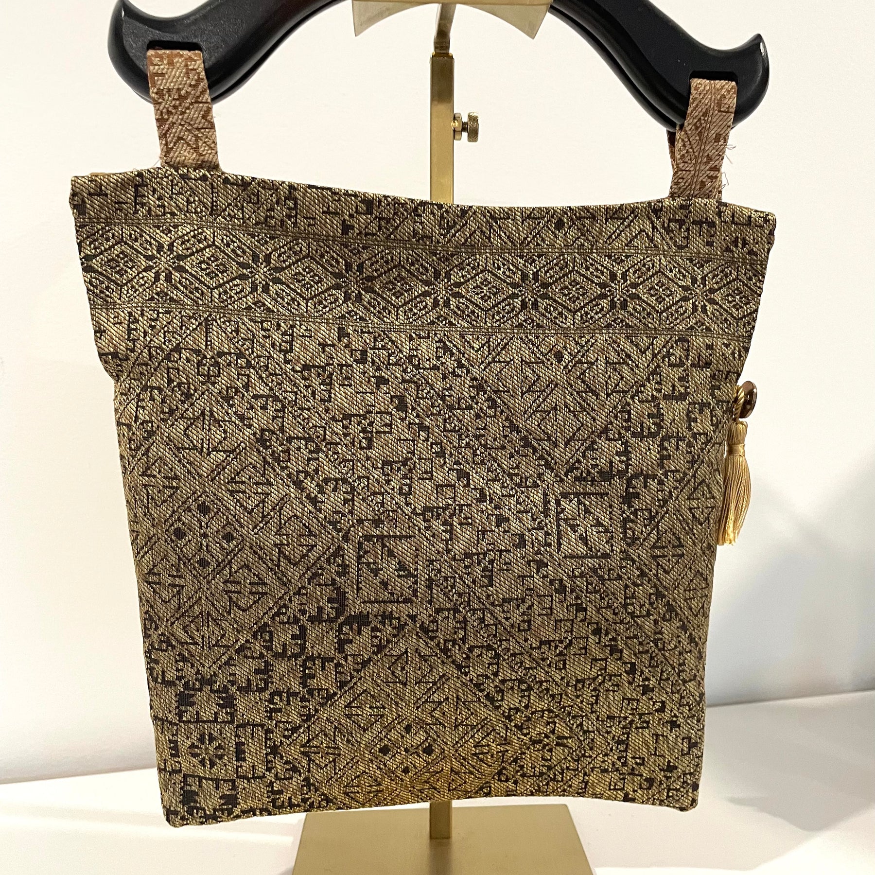 Handmade Gold Brown Wooden Handle Bag • Upcycled Purse