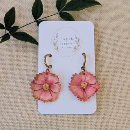 Cosmos Flower Earrings – Hand-Painted Huggie Hoop Statement Earrings