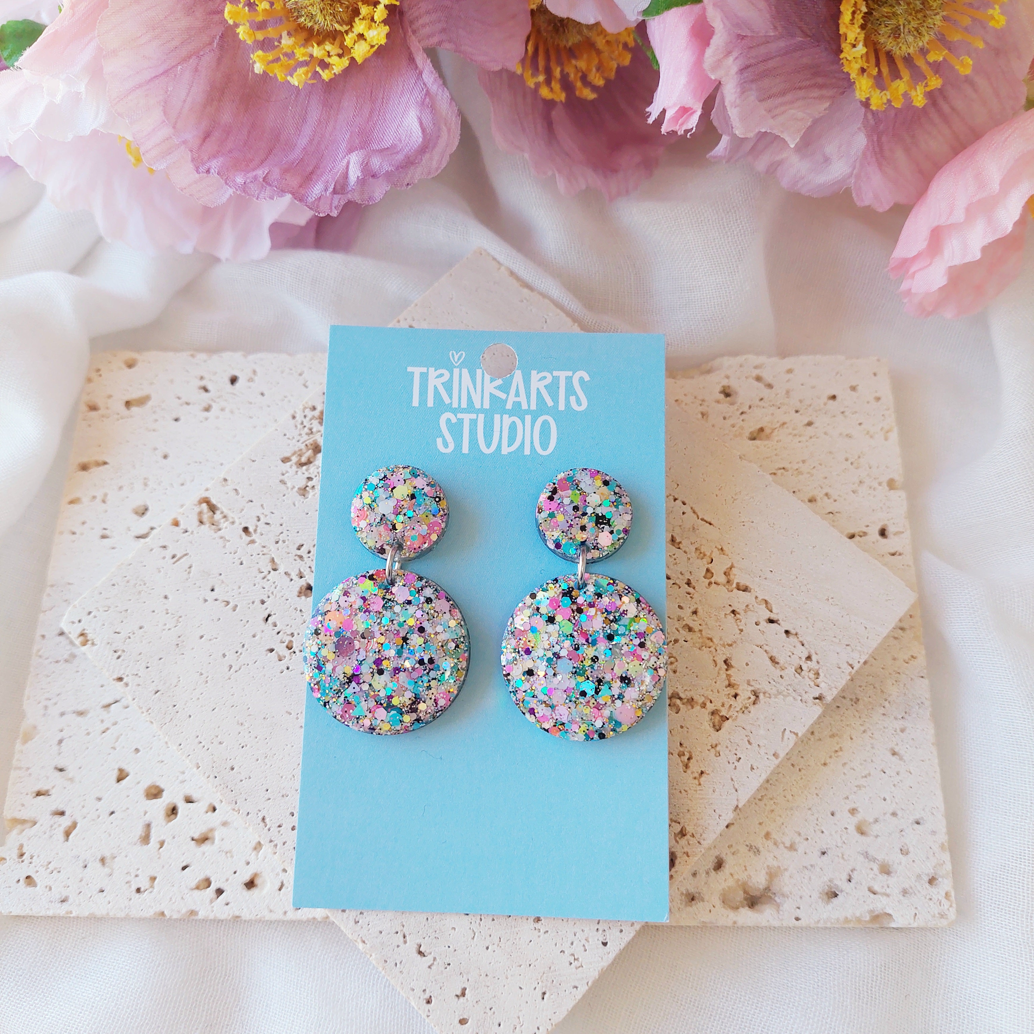 Pastel Glitter Resin Statement Dangle Stud Earrings