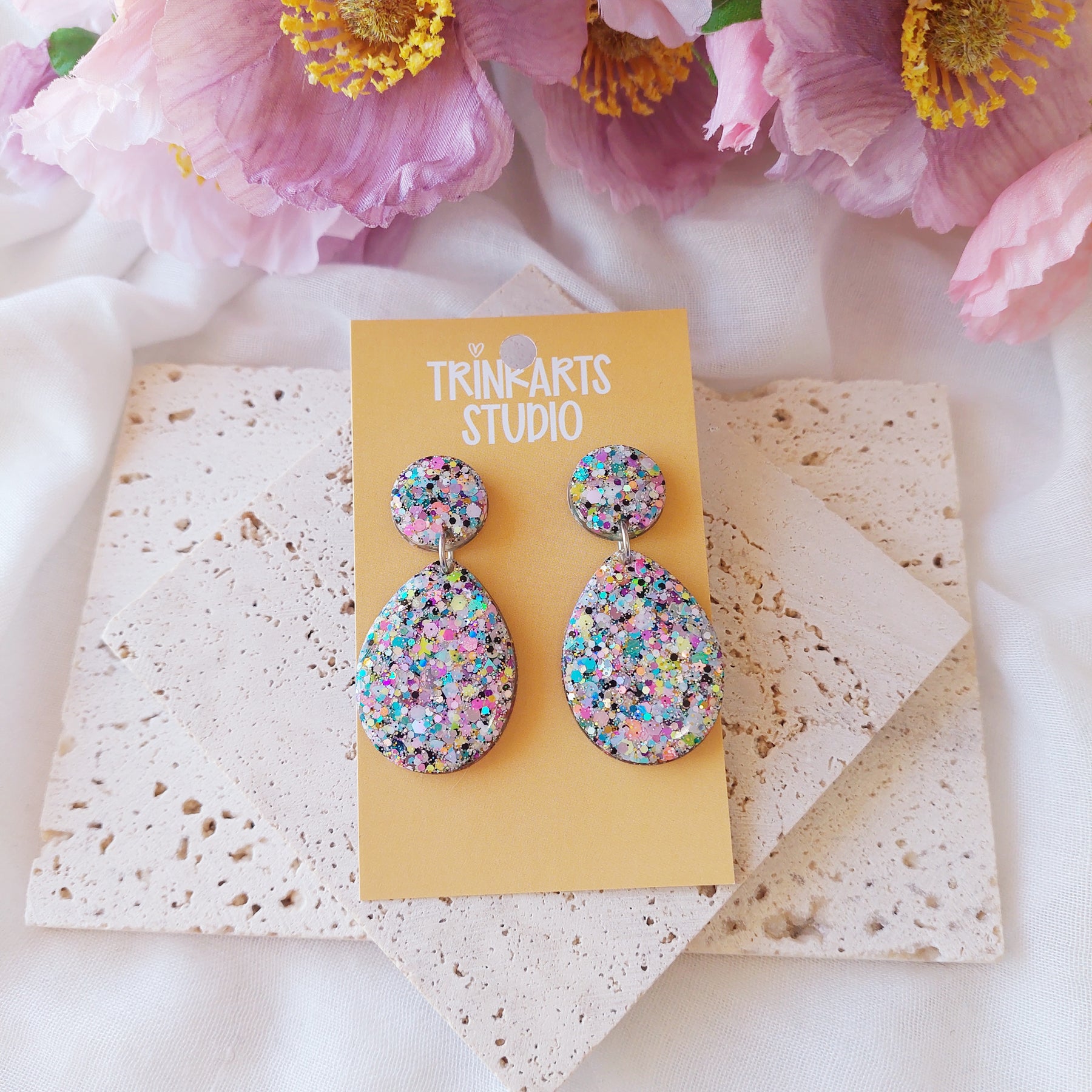 Pastel Glitter Resin Statement Dangle Stud Earrings