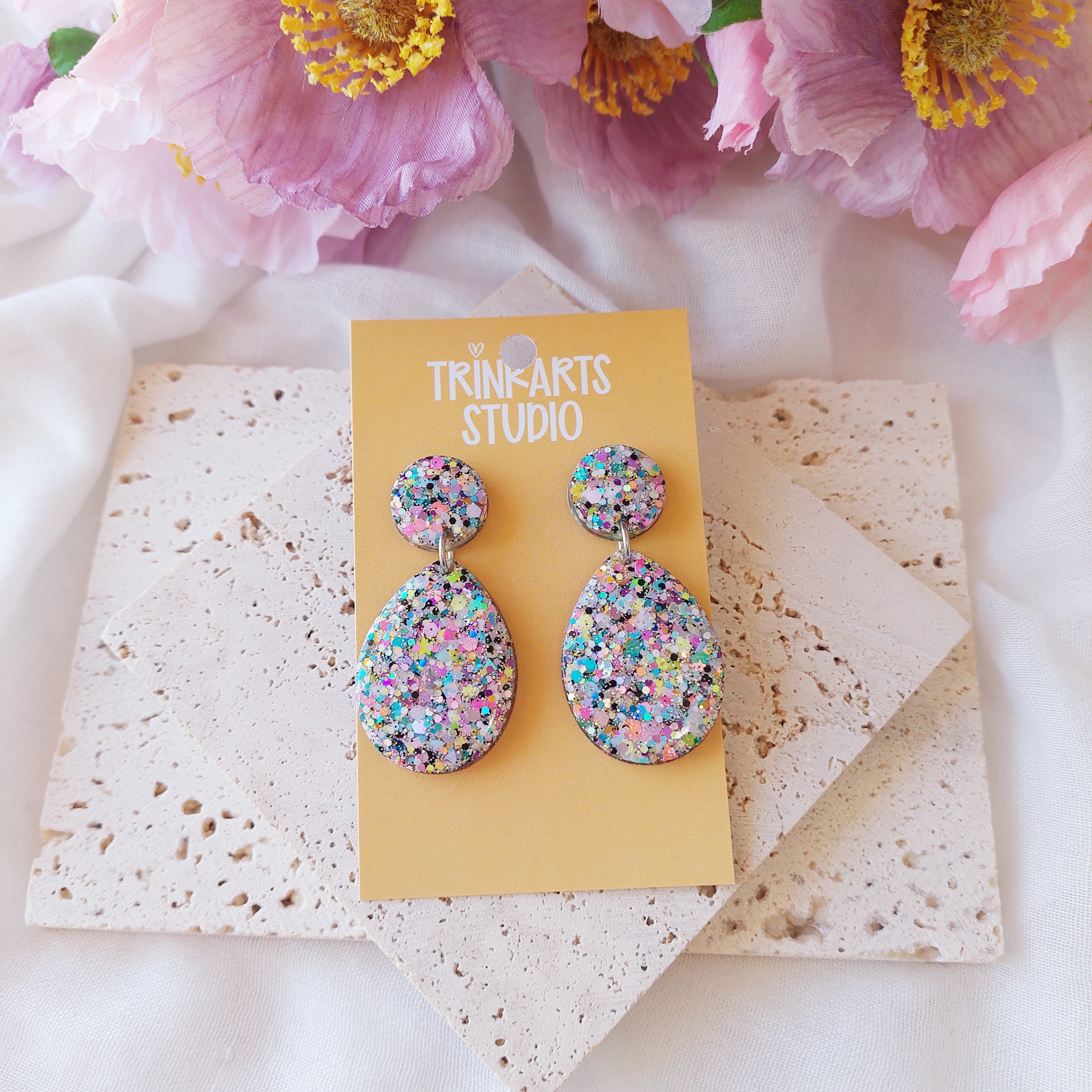 Pastel Glitter Resin Statement Dangle Stud Earrings