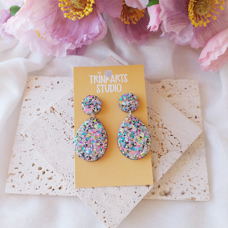 Pastel Glitter Resin Statement Dangle Stud Earrings