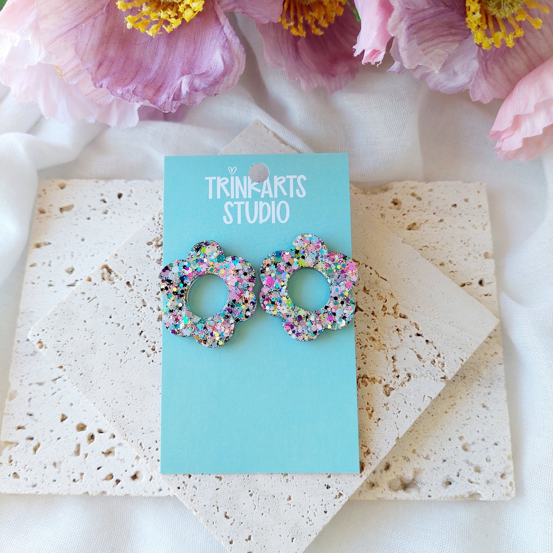 Pastel Glitter Resin Statement Dangle Stud Earrings
