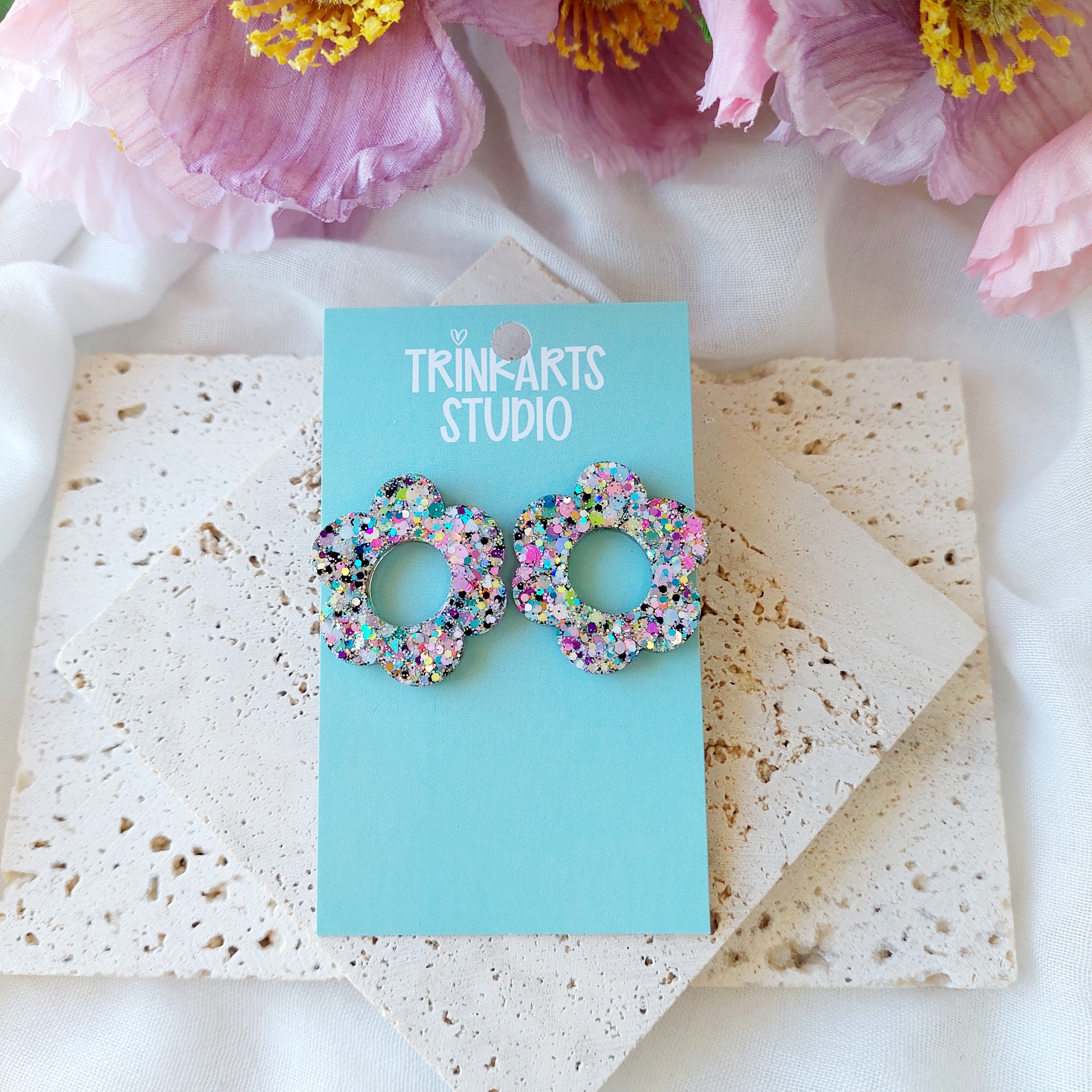 Pastel Glitter Resin Statement Dangle Stud Earrings