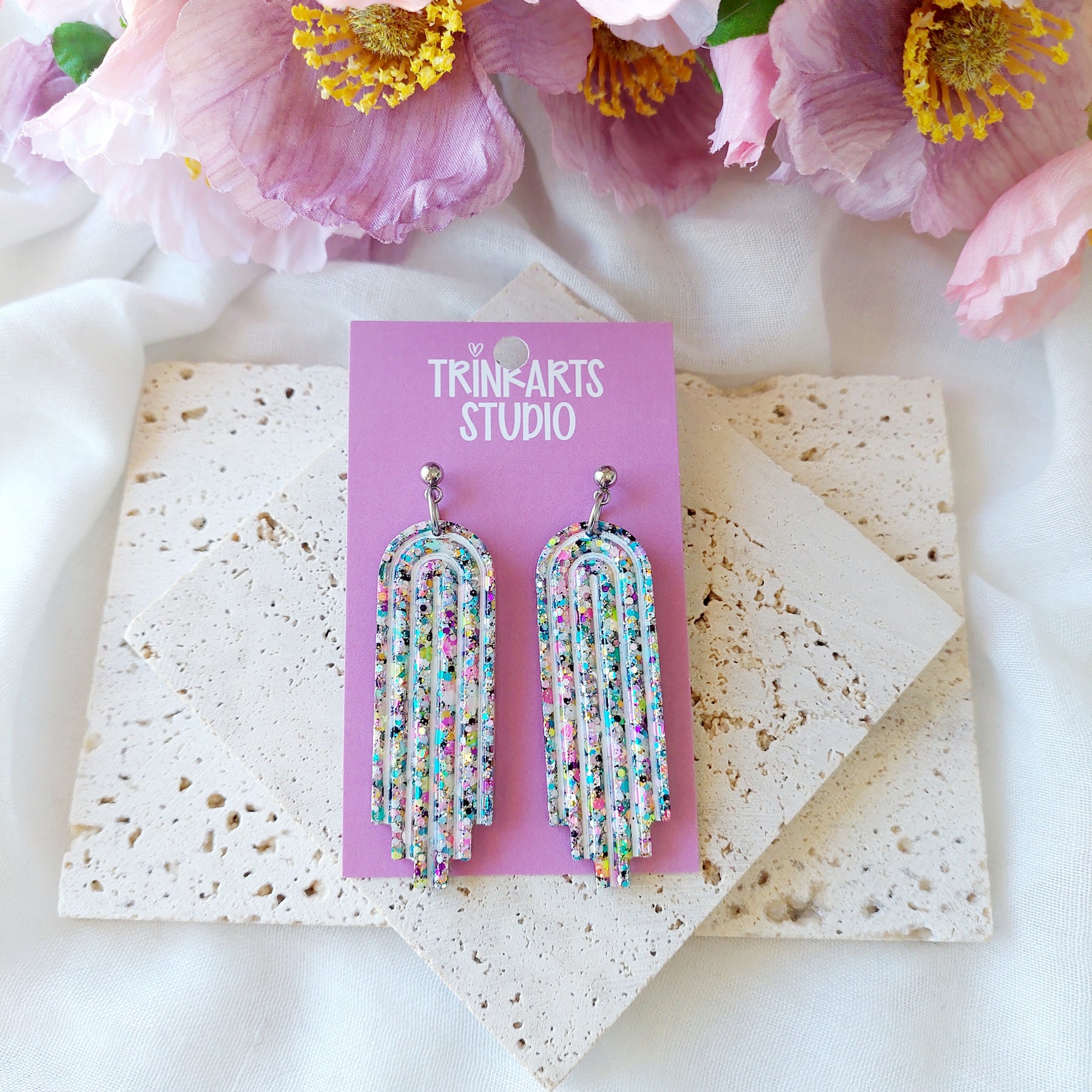 Pastel Glitter Resin Statement Dangle Stud Earrings