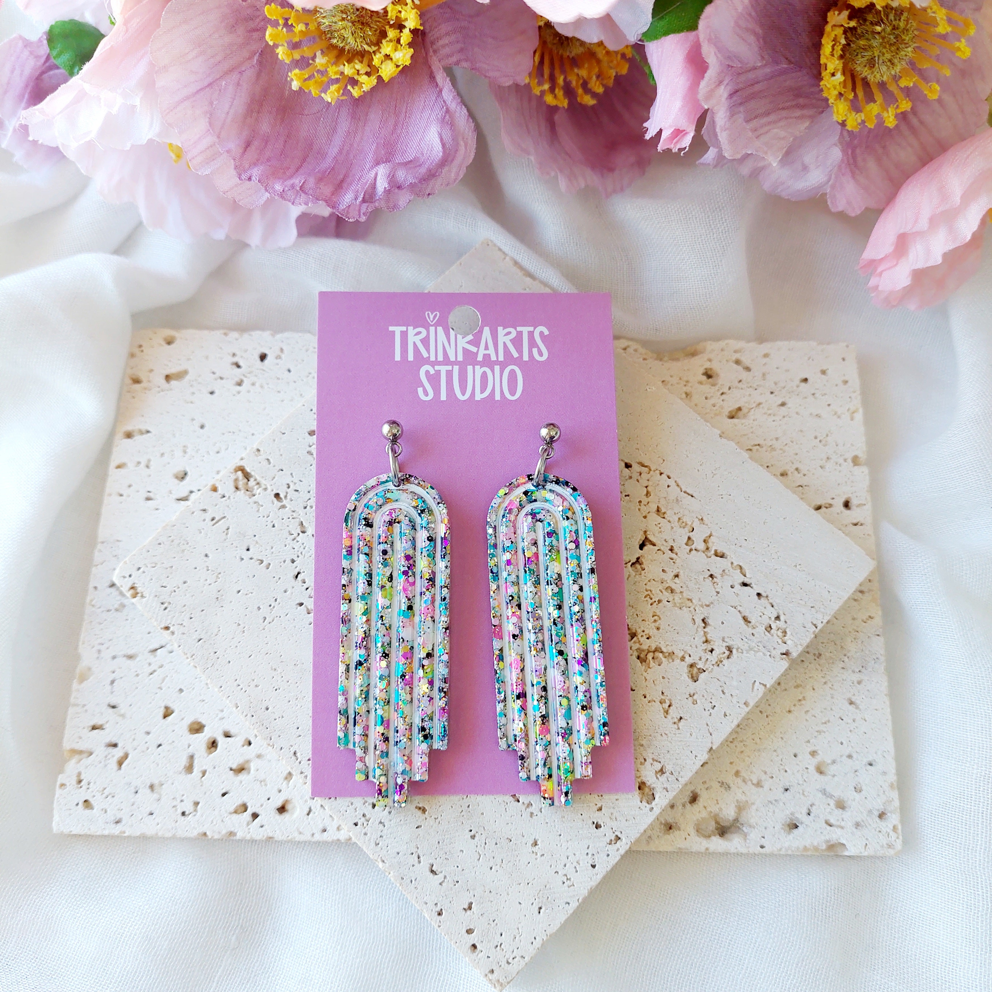 Pastel Glitter Resin Statement Dangle Stud Earrings