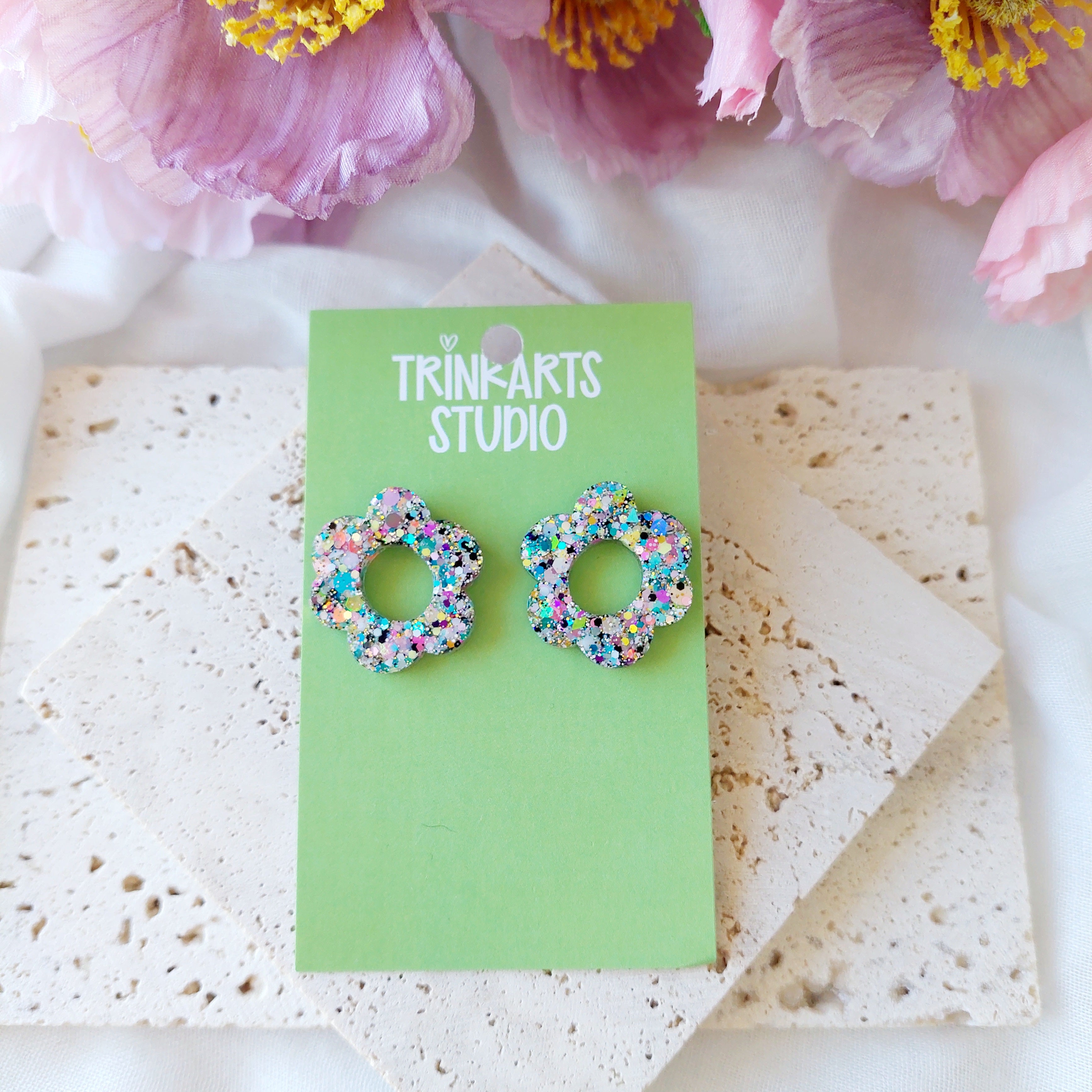Pastel Glitter Resin Statement Dangle Stud Earrings